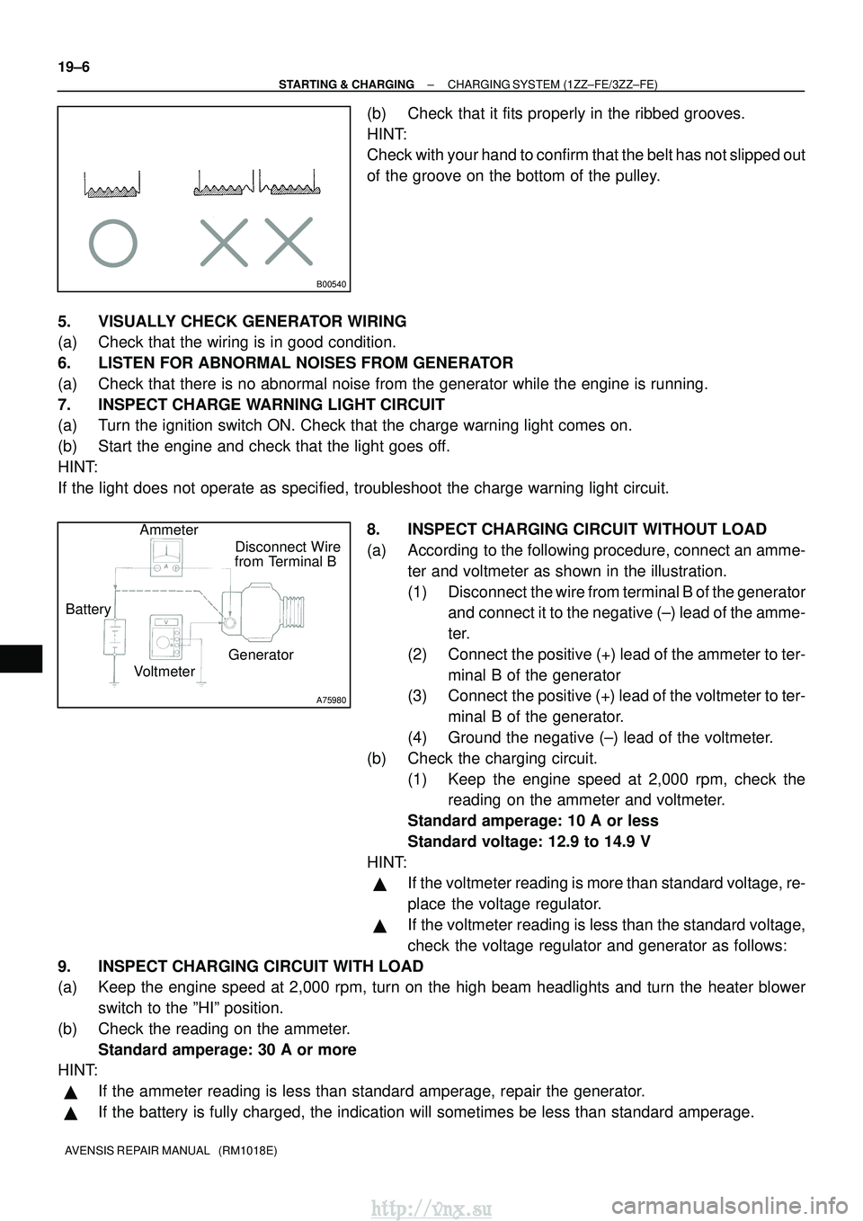TOYOTA AVENSIS 2003  Service Repair Manual B00540
A75980
Disconnect Wire
from Terminal B
Generator
Voltmeter
Battery Ammeter
19±6
±
STARTING & CHARGING CHARGING SYSTEM (1ZZ±FE/3ZZ±FE)
AVENSIS REPAIR MANUAL   (RM1018E)
(b) Check that it fit