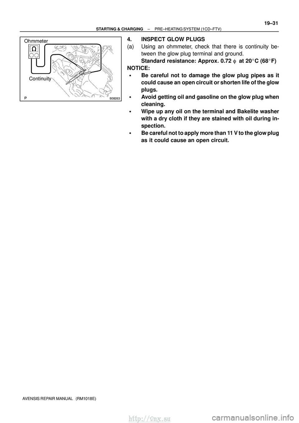 TOYOTA AVENSIS 2003  Service Repair Manual B08263
OhmmeterContinuity
±
STARTING & CHARGING PRE±HEATING SYSTEM (1CD±FTV)
19±31
AVENSIS REPAIR MANUAL   (RM1018E)
4. INSPECT GLOW PLUGS
(a) Using an ohmmeter, check that there is continuity be-