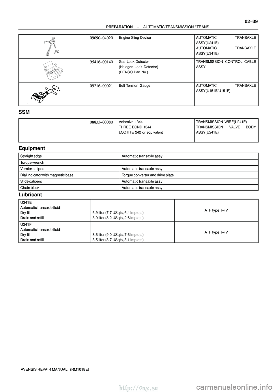 TOYOTA AVENSIS 2003 Service Owners Manual ±
PREPARATION AUTOMATIC TRANSMISSION / TRANS
02±39
AVENSIS REPAIR MANUAL (RM1018E)
09090±04020Engine Sling DeviceAUTOMATIC TRANSAXLE
ASSY(U241E)
AUTOMATIC TRANSAXLE
ASSY(U341E)
95416±00140Gas Le TOYOTA AVENSIS 2003 Service Owners Manual ±
PREPARATION AUTOMATIC TRANSMISSION / TRANS
02±39
AVENSIS REPAIR MANUAL (RM1018E)
09090±04020Engine Sling DeviceAUTOMATIC TRANSAXLE
ASSY(U241E)
AUTOMATIC TRANSAXLE
ASSY(U341E)
95416±00140Gas Le