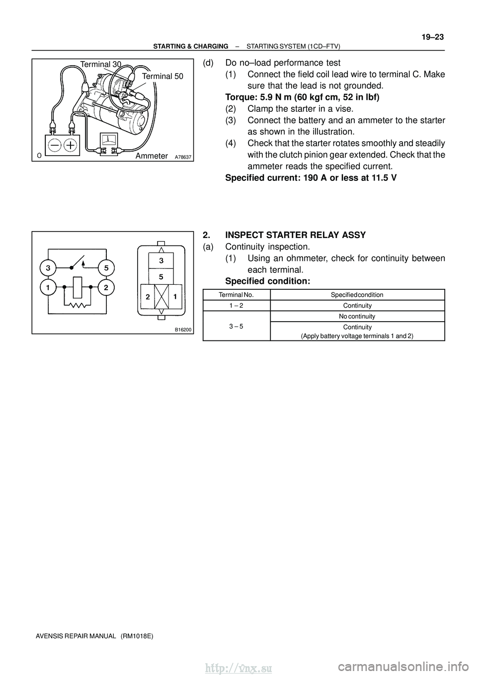TOYOTA AVENSIS 2003  Service Repair Manual A78637
Terminal 30
Terminal 50
Ammeter
B16200
±
STARTING & CHARGING STARTING SYSTEM (1CD±FTV)
19±23
AVENSIS REPAIR MANUAL   (RM1018E)
(d) Do no±load performance test
(1) Connect  the field coil le