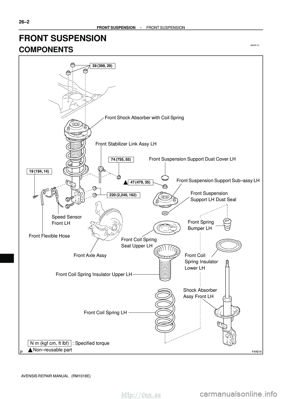 TOYOTA AVENSIS 2003  Service Repair Manual 260DP±01
F44614
Front Shock Absorber with Coil Spring
Front Stabilizer Link Assy LH
47 (479, 35)
220 (2,240, 162)
74 (755, 55)
19 (194, 14)
Speed Sensor
Front LH
Front Flexible Hose
Front Suspension 