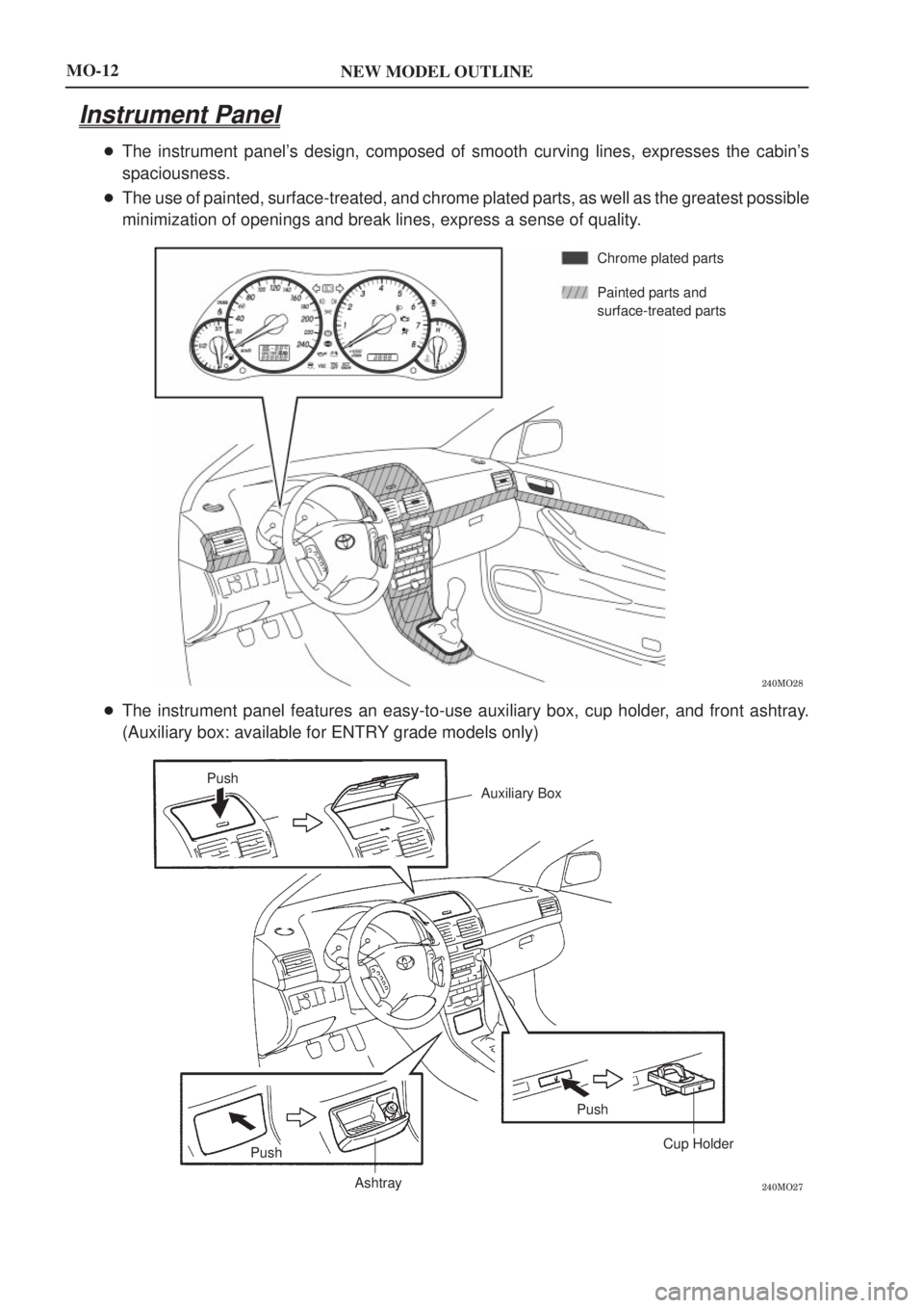 TOYOTA AVENSIS 2003  Service User Guide NEW MODEL OUTLINE

Chrome plated parts
Painted parts and
surface-treated parts

PushAuxiliary Box
Push Cup Holder
Push
Ashtray
MO-12
Instrument Panel
 The instrument panels design, com