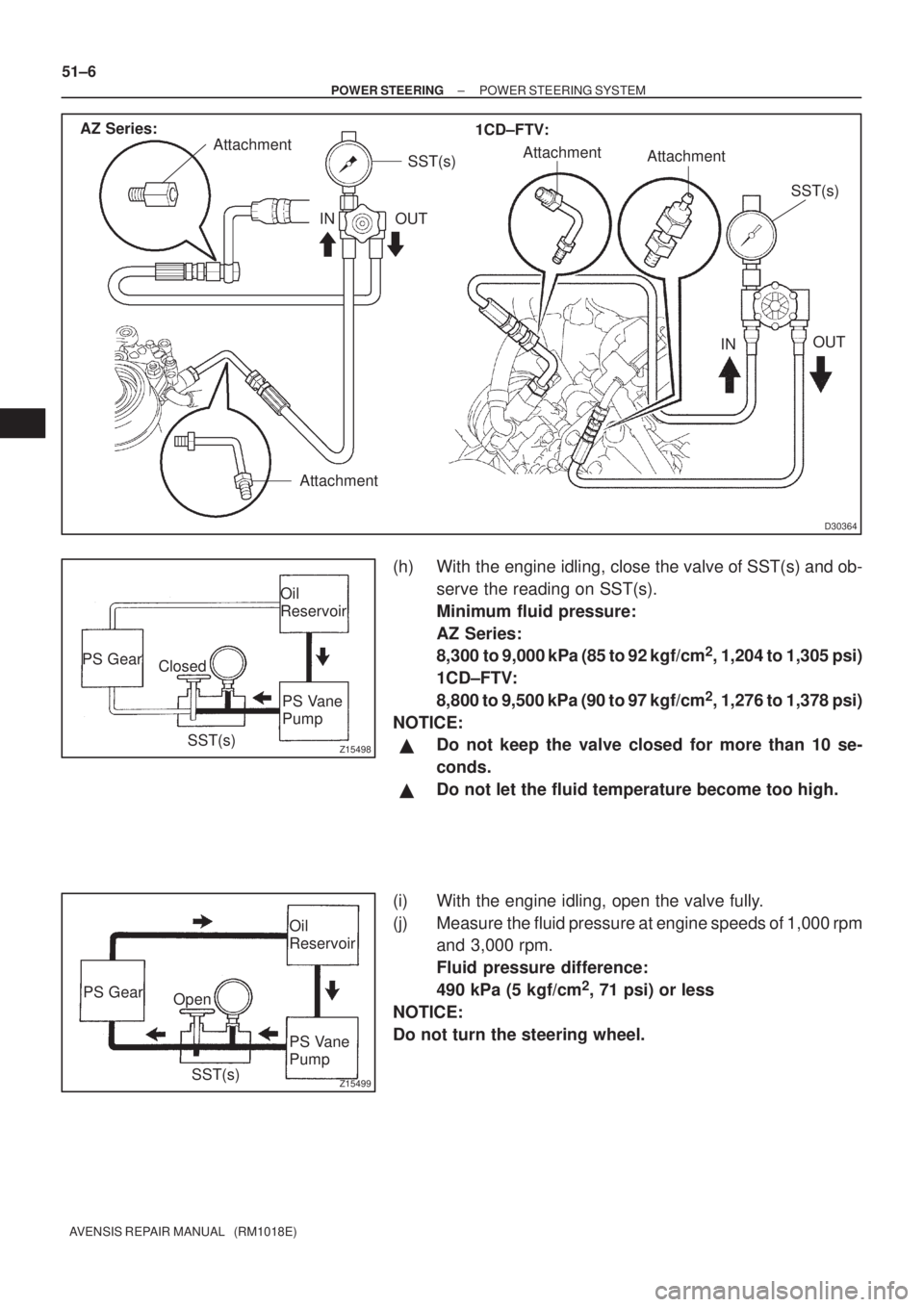 TOYOTA AVENSIS 2003  Service Repair Manual D30364
AttachmentOUT
IN
IN OUTAttachment
SST(s)
SST(s)
Attachment
Attachment
AZ Series:
1CD±FTV:
Z15498
Oil
Reservoir
PS Vane
Pump
PS Gear
SST(s)
Closed
Z15499
Oil
Reservoir
PS Vane
Pump
PS Gear
SST(