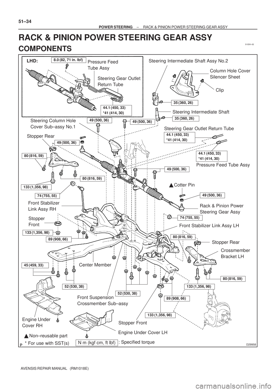 TOYOTA AVENSIS 2003  Service Repair Manual 510DK±02
D29958
LHD:Pressure Feed 
Tube Assy8.0 (82, 71 in.lbf)
Steering Gear Outlet
Return Tube
44.1 (450, 33)
*41 (414, 30)
Steering Intermediate Shaft Assy No.2
35 (360, 26)
Steering Intermediate