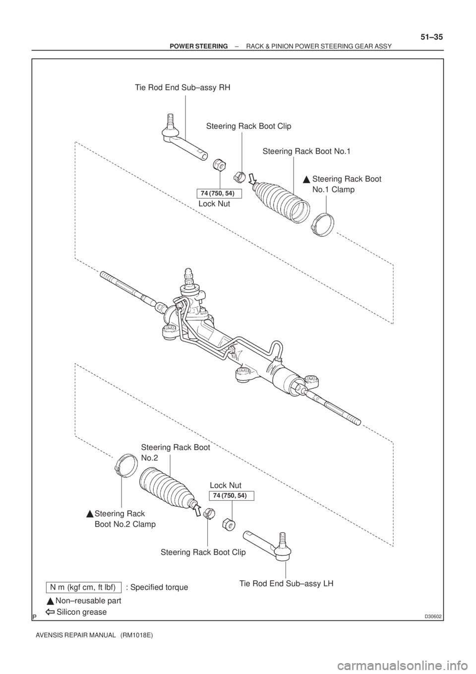 TOYOTA AVENSIS 2003  Service Repair Manual D30602
Tie Rod End Sub±assy RHLock NutSteering Rack Boot Clip
Steering Rack Boot No.1
Steering Rack Boot 
No.1 Clamp

Lock Nut
Steering Rack 
Boot No.2 Clamp

Steering Rack Boot
No.2
Steering Rack 
