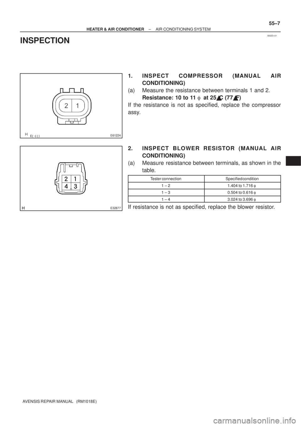 TOYOTA AVENSIS 2003  Service Repair Manual 550ZD±01
E61224
E32877
±
HEATER & AIR CONDITIONER AIR CONDITIONING SYSTEM
55±7
AVENSIS REPAIR MANUAL   (RM1018E)
INSPECTION
1. INSPECT COMPRESSOR (M ANUAL AIR
CONDITIONING)
(a) Measure the re