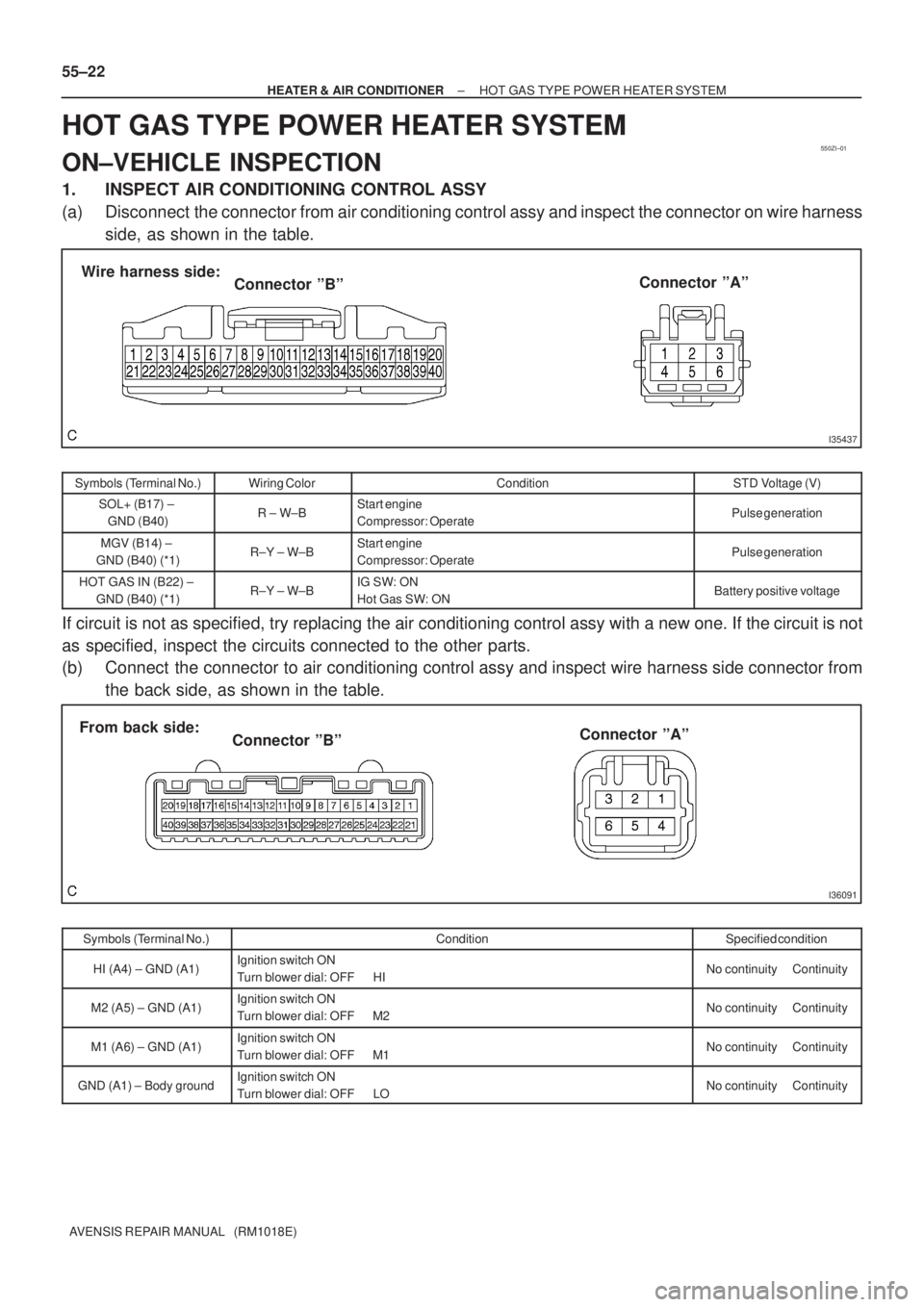 TOYOTA AVENSIS 2003  Service Repair Manual 550ZI±01
I35437
Connector ºBº
Wire harness side:
Connector ºAº
I36091
Connector ºBº
From back side:
Connector ºAº
55±22
±
HEATER & AIR CONDITIONER HOT GAS TYPE POWER HEATER SYSTEM
AVENSIS R