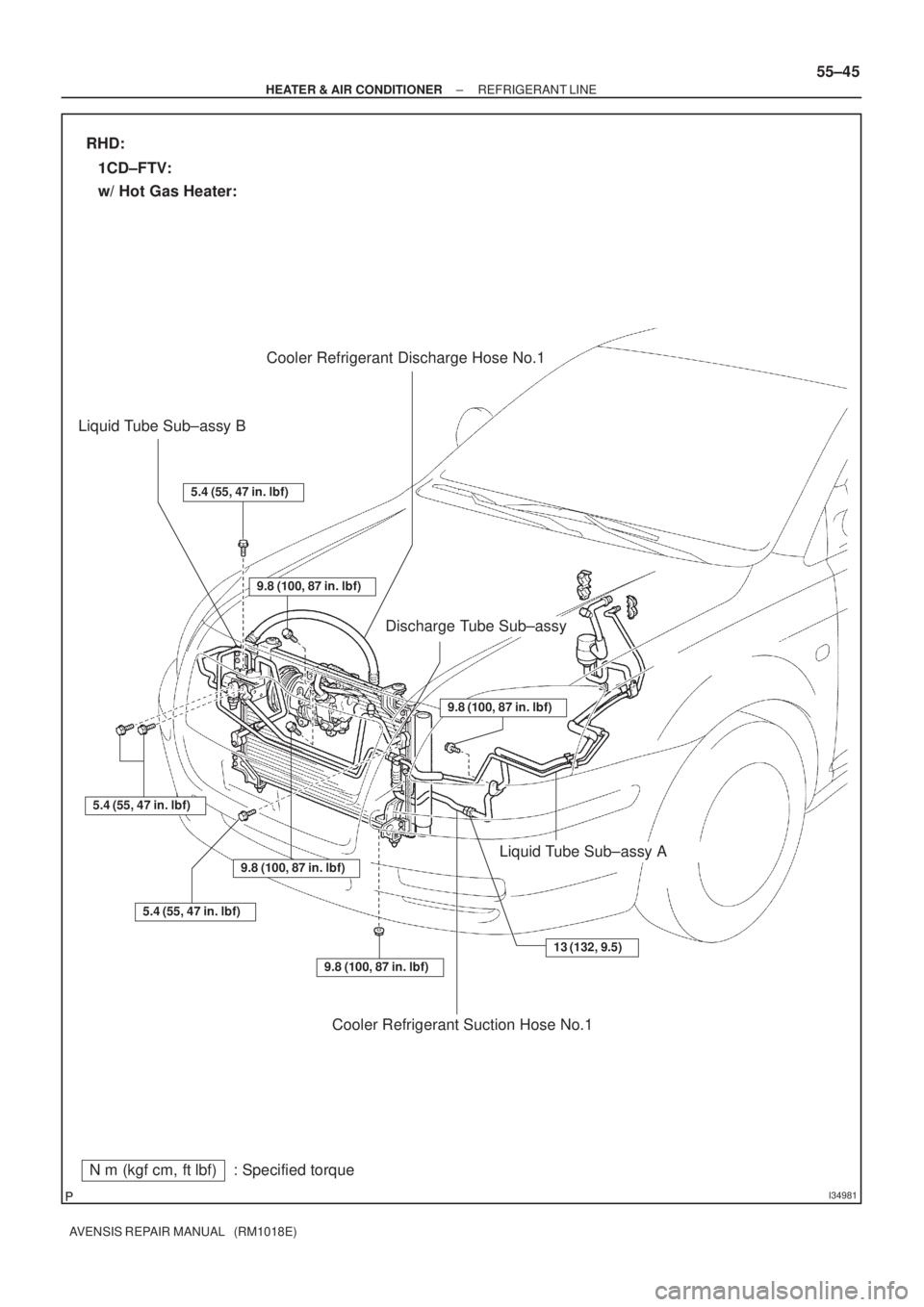 TOYOTA AVENSIS 2003  Service Repair Manual I34981
Nm (kgf cm, ftlbf) : Specified torque
Liquid Tube Sub±assy B
RHD:
1CD±FTV:
w/ Hot Gas Heater:
5.4 (55, 47 in. lbf)
9.8 (100, 87 in. lbf)
5.4 (55, 47 in. lbf)
Discharge Tube Sub±assy
5.