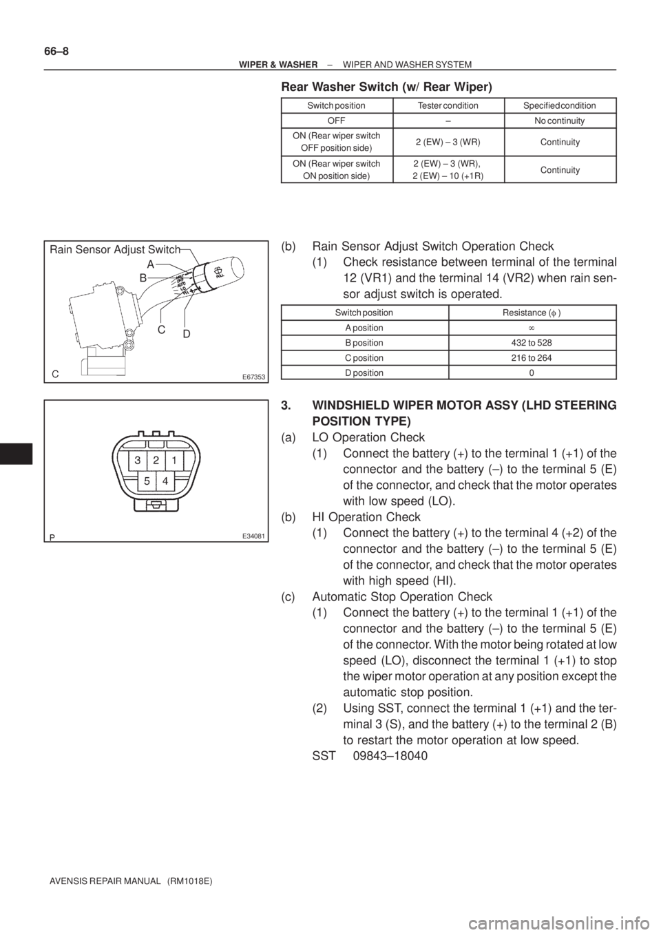 TOYOTA AVENSIS 2003  Service Repair Manual E67353
A
B
C D
Rain Sensor Adjust Switch
E34081
66±8
±
WIPER & WASHER WIPER AND WASHER SYSTEM
AVENSIS REPAIR MANUAL   (RM1018E)
Rear Washer Switch (w/ Rear Wiper)
Switch positionTester conditionSpec