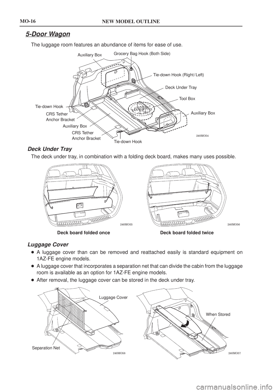 TOYOTA AVENSIS 2003  Service User Guide NEW MODEL OUTLINE
\b	
Auxiliary BoxGrocery Bag Hook (Both Side)
Tie-down Hook Auxiliary Box Tie-down Hook Auxiliary Box
Tool Box
Deck Under Tray
Tie-down Hook (Right / Left)
CRS Tether 
Anchor Br