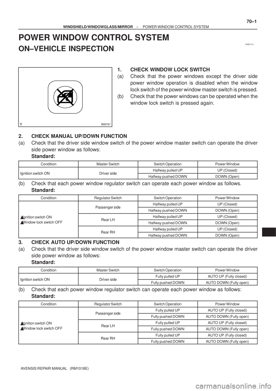TOYOTA AVENSIS 2003  Service Repair Manual 700S7±01
B66761
±
WINDSHIELD/WINDOWGLASS/MIRROR POWER WINDOW CONTROL SYSTEM
70±1
AVENSIS REPAIR MANUAL   (RM1018E)
POWER WINDOW CONTROL SYSTEM
ON±VEHICLE INSPECTION
1. CHECK WINDOW LOCK SWITCH
(a)