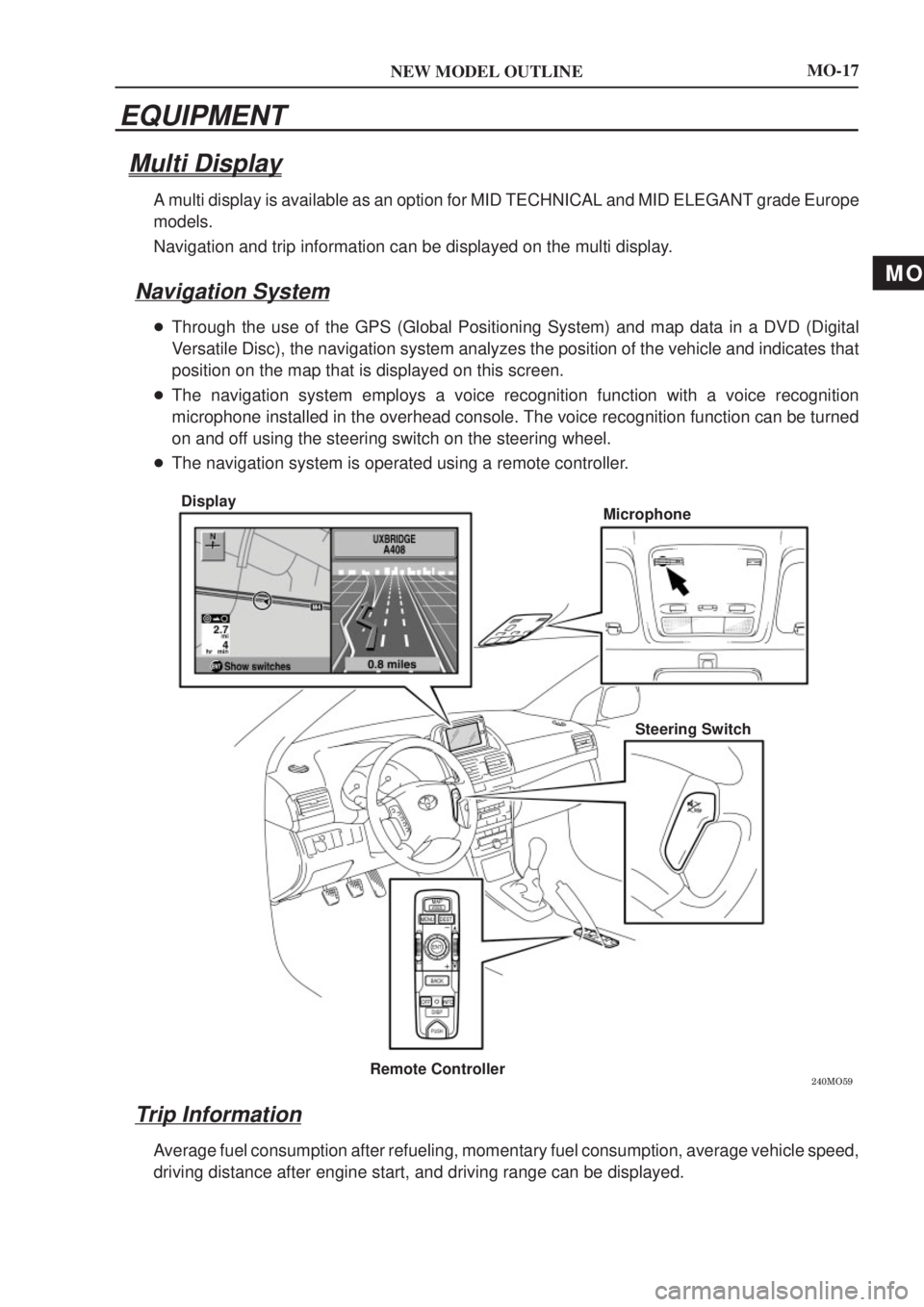 TOYOTA AVENSIS 2003  Service User Guide MO
NEW MODEL OUTLINE

DisplayMicrophone
Steering Switch
Remote Controller
MO-17
EQUIPMENT
Multi Display
A multi display is available as an option for MID TECHNICAL and MID ELEG\
ANT grade Europ