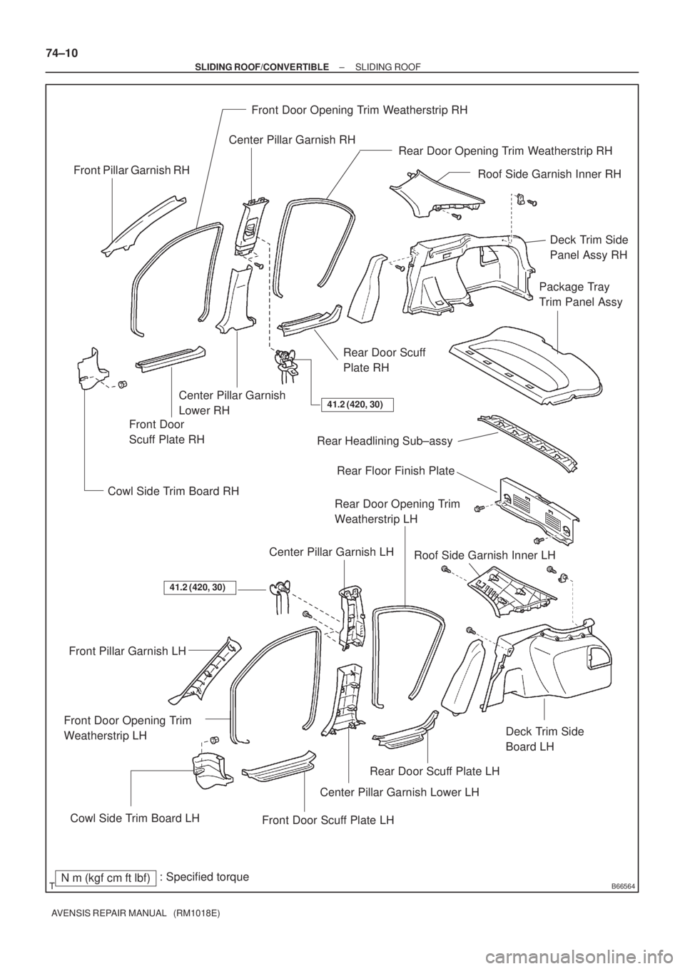 TOYOTA AVENSIS 2003  Service Repair Manual B66564
Roof Side Garnish Inner RHFront Pillar Garnish RH
Front Door Opening Trim Weatherstrip RH
Center Pillar Garnish RHRear Door Opening Trim Weatherstrip RH
Front Door
Scuff Plate RH
Rear Door Scuf