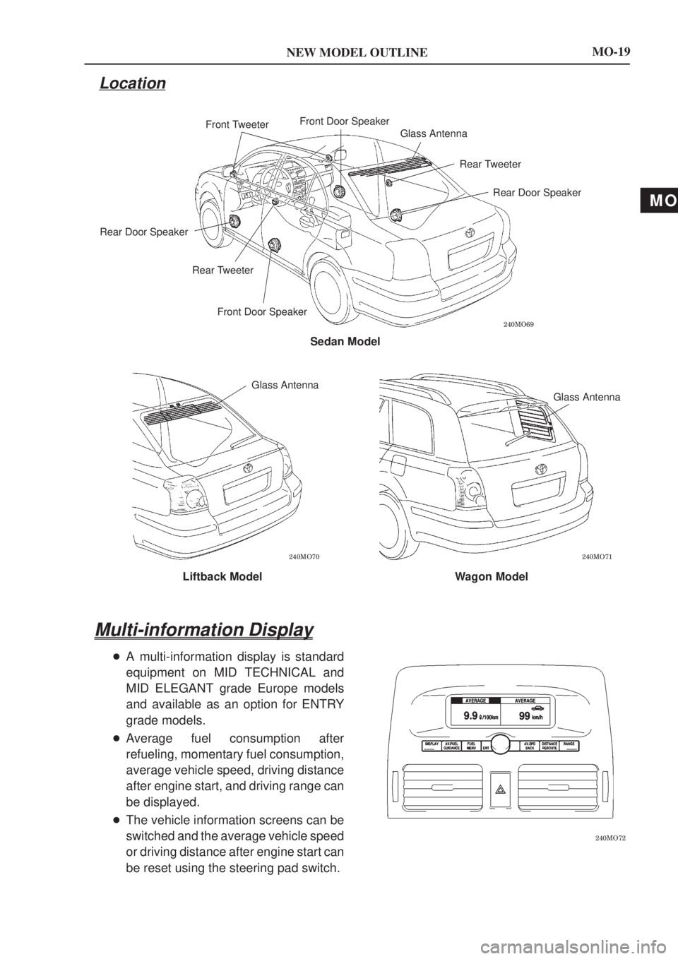 TOYOTA AVENSIS 2003  Service Owners Manual MO
NEW MODEL OUTLINE
\b	
\b	 \b	
Front TweeterFront Door Speaker
Glass Antenna
Rear TweeterRear Door Speaker
Front Door Speaker
Rear Tweeter
Rear Door Speaker
Sedan Model
Glass Antenna
