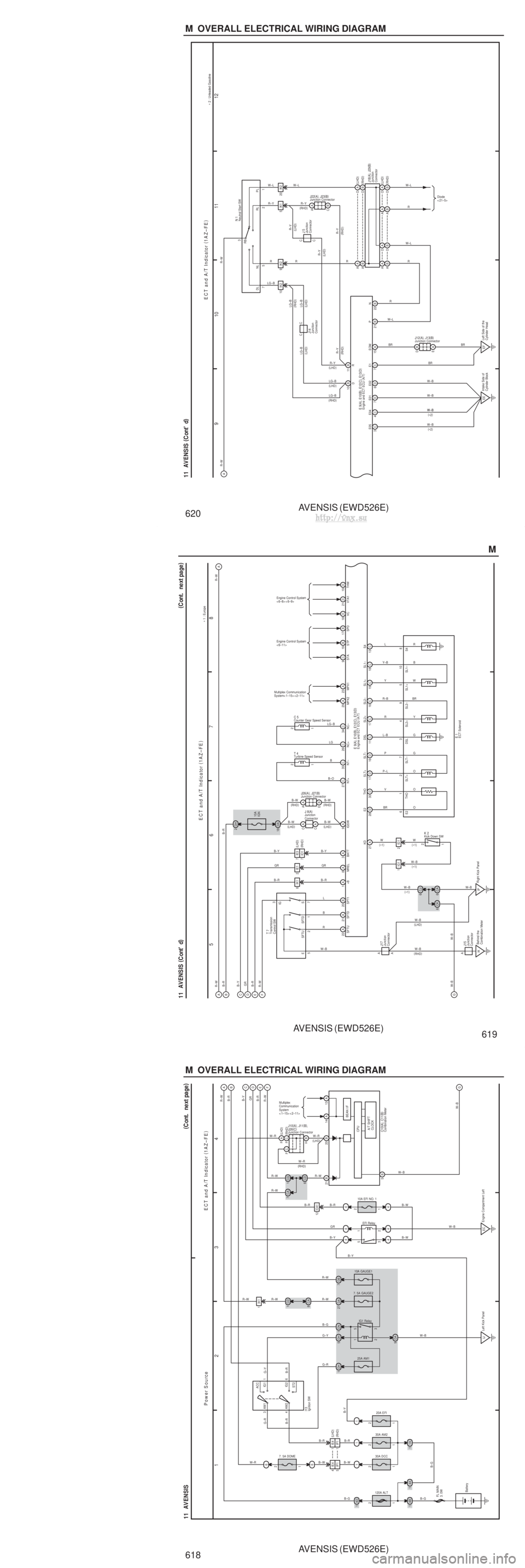 TOYOTA AVENSIS 2003 Service Repair Manual AVENSIS (EWD526E)
618 M OVERALL ELECTRICAL WIRING DIAGRAM
1 23
4
11 AVENSIS (
C ont. ne xt pa ge )
Power Source
EC T and A/T Indicator (
1AZ–FE )
4B
14 A
1
120A ALT
(
LHD )
4D
1
1A
1
30A AM2
1
2 TOYOTA AVENSIS 2003 Service Repair Manual AVENSIS (EWD526E)
618 M OVERALL ELECTRICAL WIRING DIAGRAM
1 23
4
11 AVENSIS (
C ont. ne xt pa ge )
Power Source
EC T and A/T Indicator (
1AZ–FE )
4B
14 A
1
120A ALT
(
LHD )
4D
1
1A
1
30A AM2
1
2