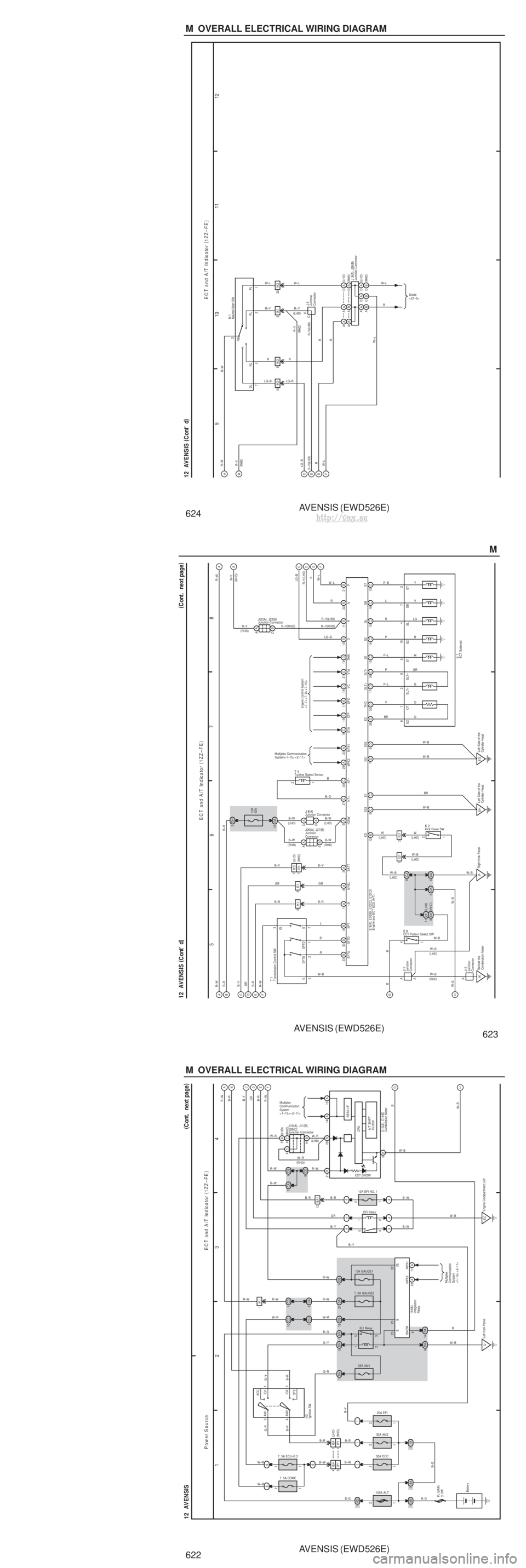TOYOTA AVENSIS 2003 Service Repair Manual AVENSIS (EWD526E)
622 M OVERALL ELECTRICAL WIRING DIAGRAM
1 23
4
12 AVENSIS (
C ont. ne xt pa ge )
Power Source
EC T and A/T Indicator (
1ZZ–FE )
4B
14 A
1
100A ALT
(
LHD )
4D
1
1A
1
30A AM2
1
2 TOYOTA AVENSIS 2003 Service Repair Manual AVENSIS (EWD526E)
622 M OVERALL ELECTRICAL WIRING DIAGRAM
1 23
4
12 AVENSIS (
C ont. ne xt pa ge )
Power Source
EC T and A/T Indicator (
1ZZ–FE )
4B
14 A
1
100A ALT
(
LHD )
4D
1
1A
1
30A AM2
1
2