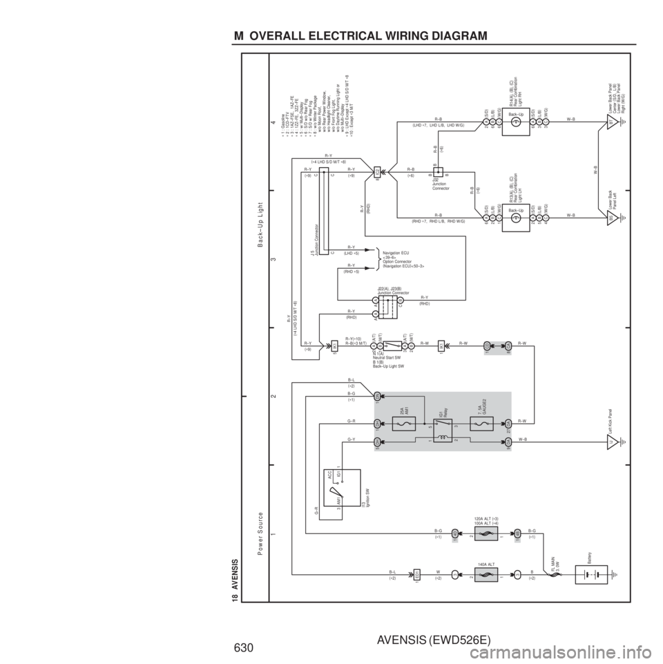 TOYOTA AVENSIS 2003 Service Repair Manual AVENSIS (EWD526E)
630 M OVERALL ELECTRICAL WIRING DIAGRAM
1 23
4
18 AVENSIS
1
120A ALT (
∗ 3 )
100A ALT (
∗ 4 )2
3 14D
25A
AM1
3
ACC
IG1
AM1 1
DH
1
DH
5DN 1
2
1
3
5
7. 5A
GAUGE2
27 IG1
Relay
DA TOYOTA AVENSIS 2003 Service Repair Manual AVENSIS (EWD526E)
630 M OVERALL ELECTRICAL WIRING DIAGRAM
1 23
4
18 AVENSIS
1
120A ALT (
∗ 3 )
100A ALT (
∗ 4 )2
3 14D
25A
AM1
3
ACC
IG1
AM1 1
DH
1
DH
5DN 1
2
1
3
5
7. 5A
GAUGE2
27 IG1
Relay
DA