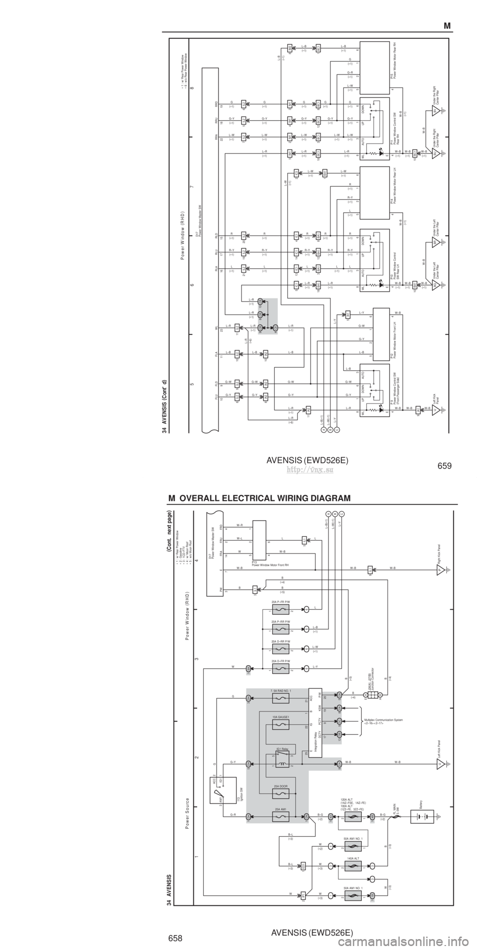 TOYOTA AVENSIS 2003 Service Repair Manual AVENSIS (EWD526E)
658 M OVERALL ELECTRICAL WIRING DIAGRAM
1 23
4
34 AVENSIS (
C ont. ne xt pa ge )
3
IG1 Relay
B–L
ED1
1
W (
∗ 2 )
(
∗ 3 )
G–R
3
1 2 3
I13
B 1
Battery
FL MAIN
3. 0W 5
2
1
A TOYOTA AVENSIS 2003 Service Repair Manual AVENSIS (EWD526E)
658 M OVERALL ELECTRICAL WIRING DIAGRAM
1 23
4
34 AVENSIS (
C ont. ne xt pa ge )
3
IG1 Relay
B–L
ED1
1
W (
∗ 2 )
(
∗ 3 )
G–R
3
1 2 3
I13
B 1
Battery
FL MAIN
3. 0W 5
2
1
A