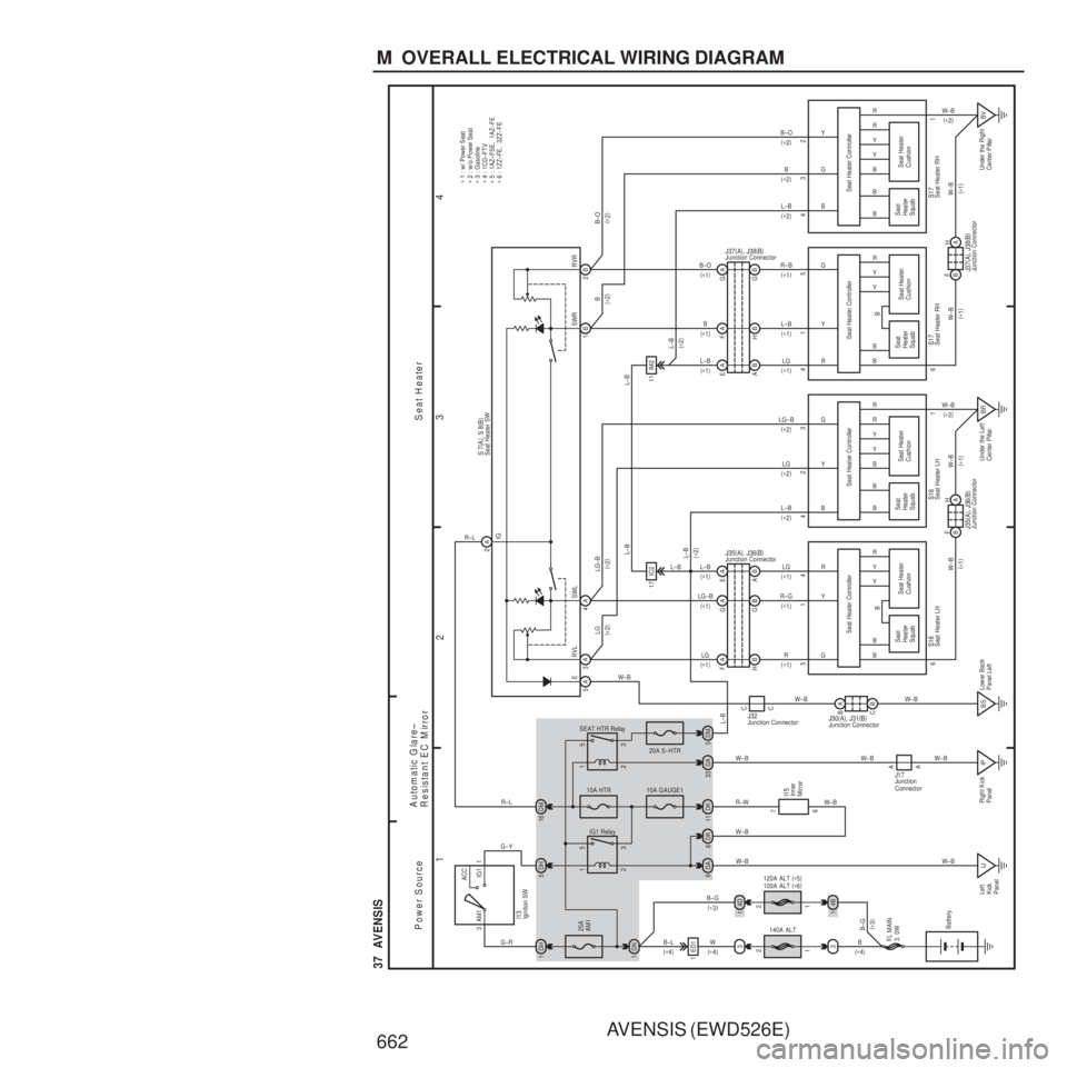 TOYOTA AVENSIS 2003 Service Repair Manual AVENSIS (EWD526E)
662 M OVERALL ELECTRICAL WIRING DIAGRAM
1 23
4
37 AVENSIS
140A ALT
120A ALT
(
∗ 5 )
100A ALT (
∗ 6 )
34
B
1
34
D
1
DN
1 DH
1 3
ACC
IG1
AM1 1
25A
AM1 2 1
3
5
DH
5
DA
9 2
1
3
5 TOYOTA AVENSIS 2003 Service Repair Manual AVENSIS (EWD526E)
662 M OVERALL ELECTRICAL WIRING DIAGRAM
1 23
4
37 AVENSIS
140A ALT
120A ALT
(
∗ 5 )
100A ALT (
∗ 6 )
34
B
1
34
D
1
DN
1 DH
1 3
ACC
IG1
AM1 1
25A
AM1 2 1
3
5
DH
5
DA
9 2
1
3
5