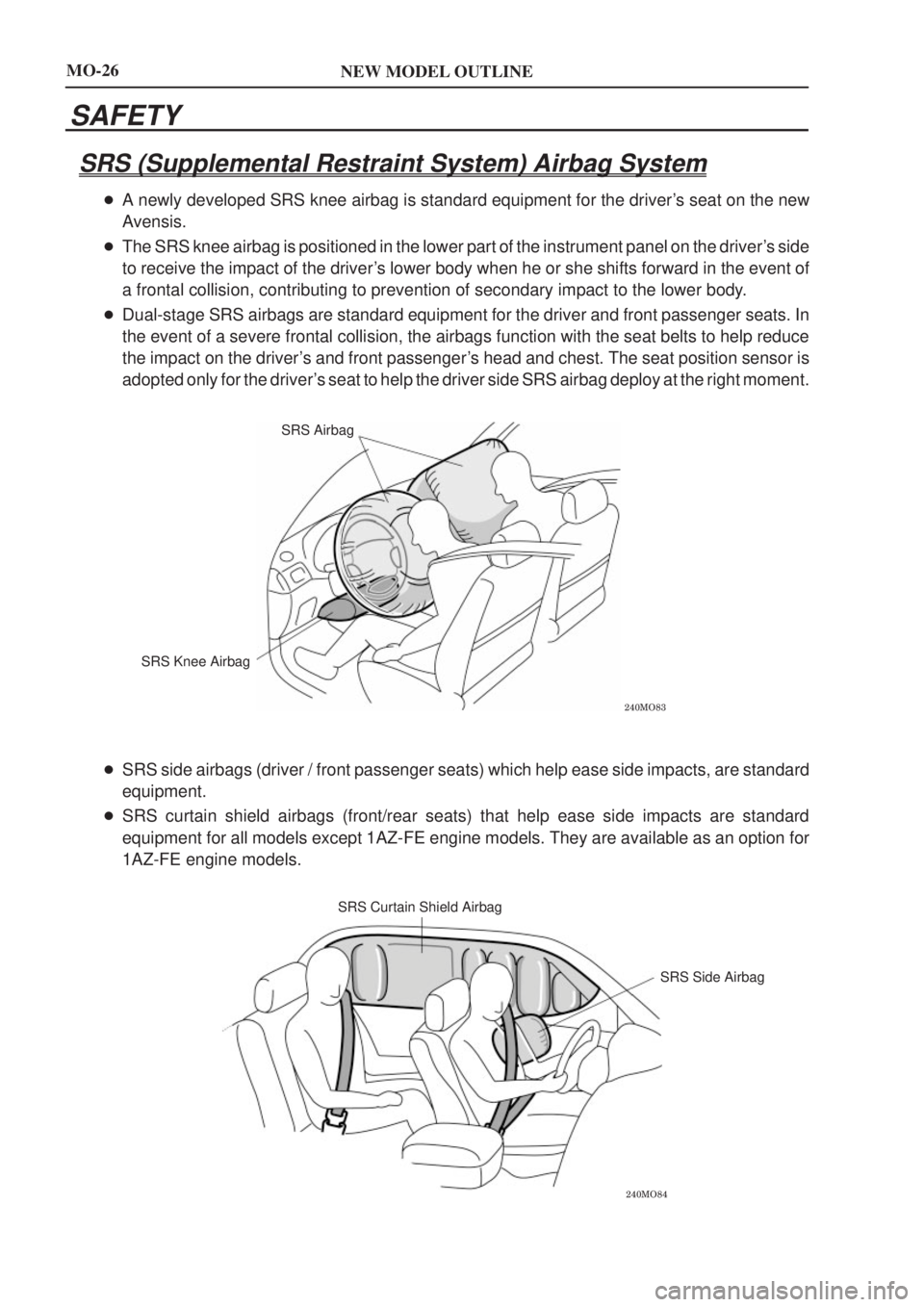 TOYOTA AVENSIS 2003  Service Owners Manual NEW MODEL OUTLINE

SRS Airbag
SRS Knee Airbag

SRS Curtain Shield Airbag SRS Side Airbag
MO-26
SAFETY
SRS (Supplemental Restraint System) Airbag System
A newly developed SRS knee airbag