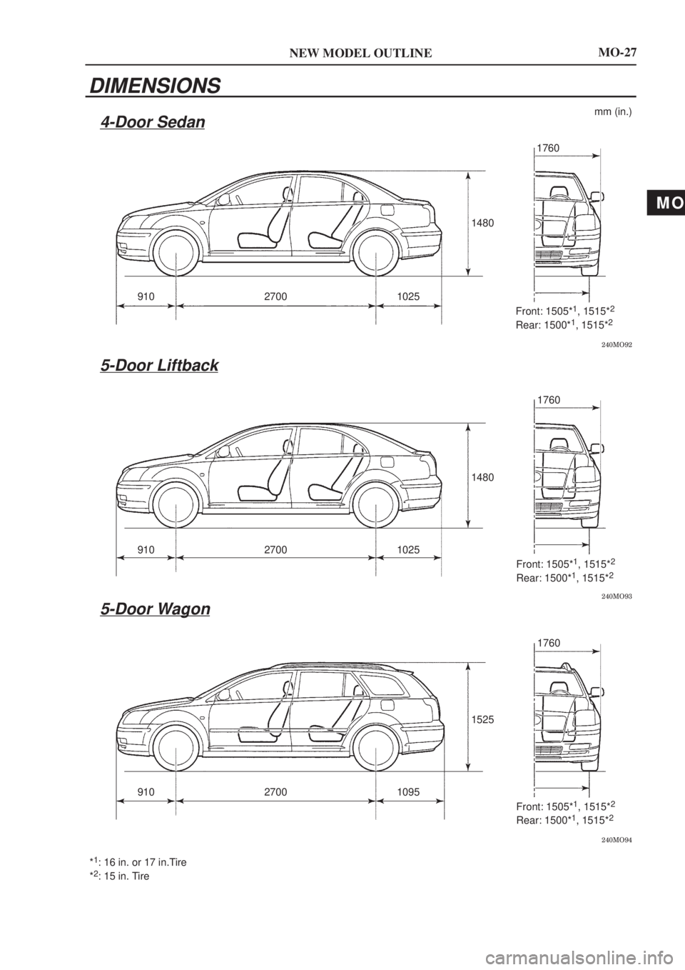 TOYOTA AVENSIS 2003  Service Owners Manual MO
NEW MODEL OUTLINE

mm (in.)
2700 14801760
Front: 1505*
1, 1515*2
Rear: 1500*1, 1515*2
910 1025

270014801760
910 1025 Front: 1505*1, 1515*2
Rear: 1500*1, 1515*2

270015251760
9