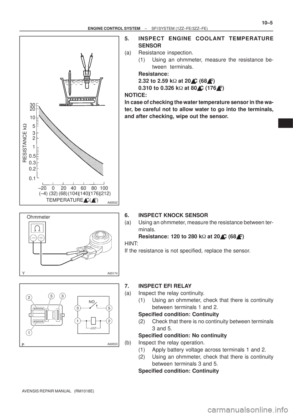 TOYOTA AVENSIS 2003  Service Repair Manual A60552
30
20
105
3
2
1
0.5
0.3
0.2
0.1
RESISTANCE k
±20 0 20 40 60 80 100 (±4)
TEMPERATURE C( F)
(32) (68) (104)(140)(176)(212)
A65174
Ohmmeter
A60553
±
ENGINE CONTROL SYSTEM SFI SYSTEM (1ZZ±FE