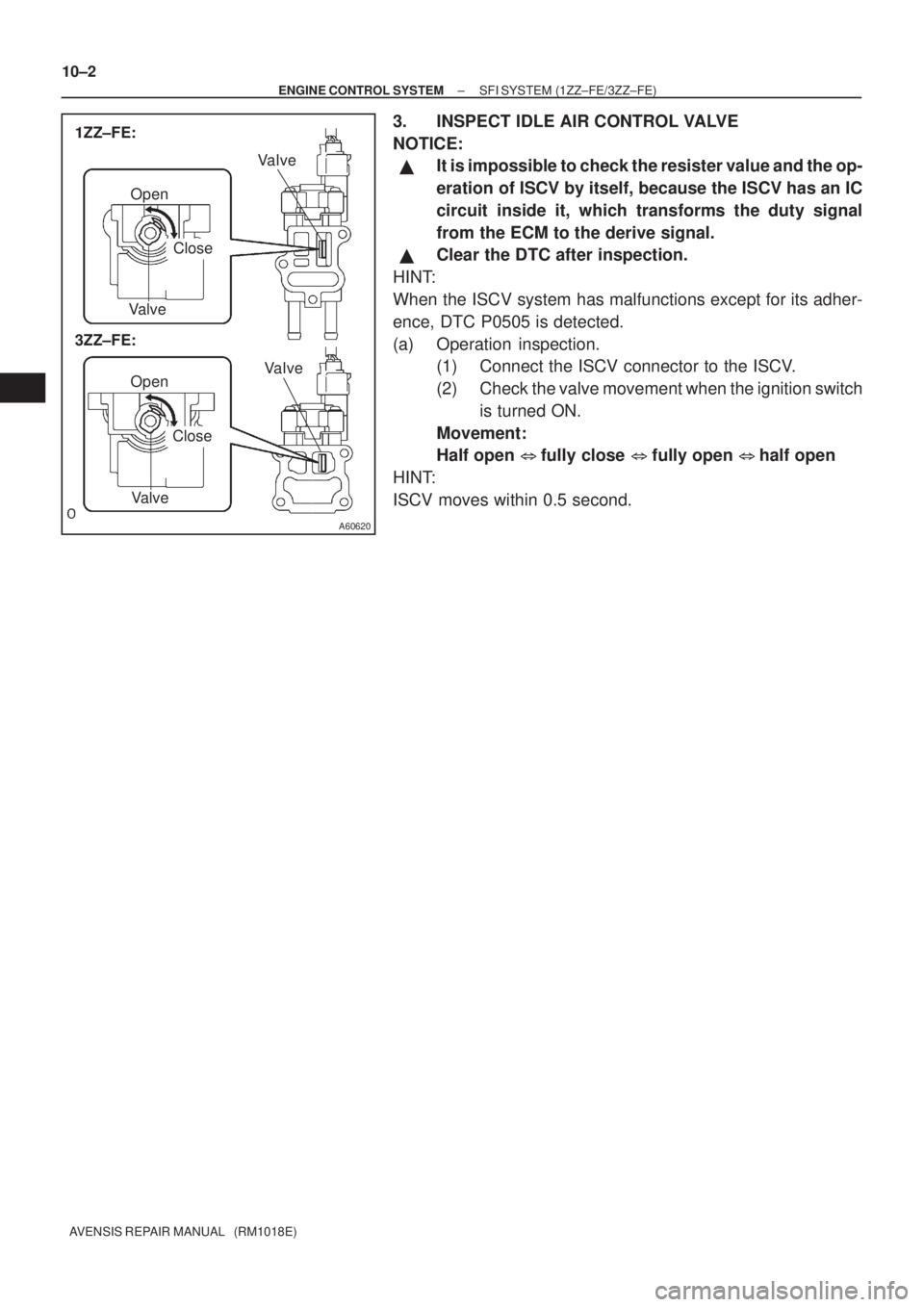TOYOTA AVENSIS 2003  Service Repair Manual A60620
Close
Open
Valve
VaIve
Open
Close
Valve
1ZZ±FE:
3ZZ±FE: VaIve
10±2
±
ENGINE CONTROL SYSTEM SFI SYSTEM (1ZZ±FE/3ZZ±FE)
AVENSIS REPAIR MANUAL   (RM1018E)
3. INSPECT IDLE AIR CONTROL VALVE
N