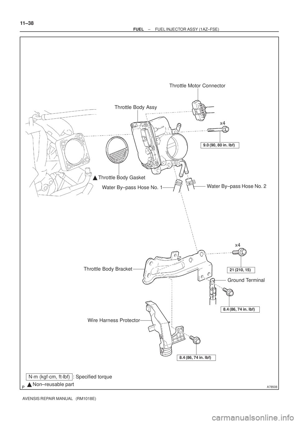 TOYOTA AVENSIS 2003  Service Repair Manual A78508 Non±reusable part
N´m (kgf´cm, ft´lbf) : Specified torque Throttle Body Assy
Throttle Motor Connector
  Throttle Body Gasket
Water By±pass Hose No. 2
Water By±pass Hose No. 1
9.0 (90, 8