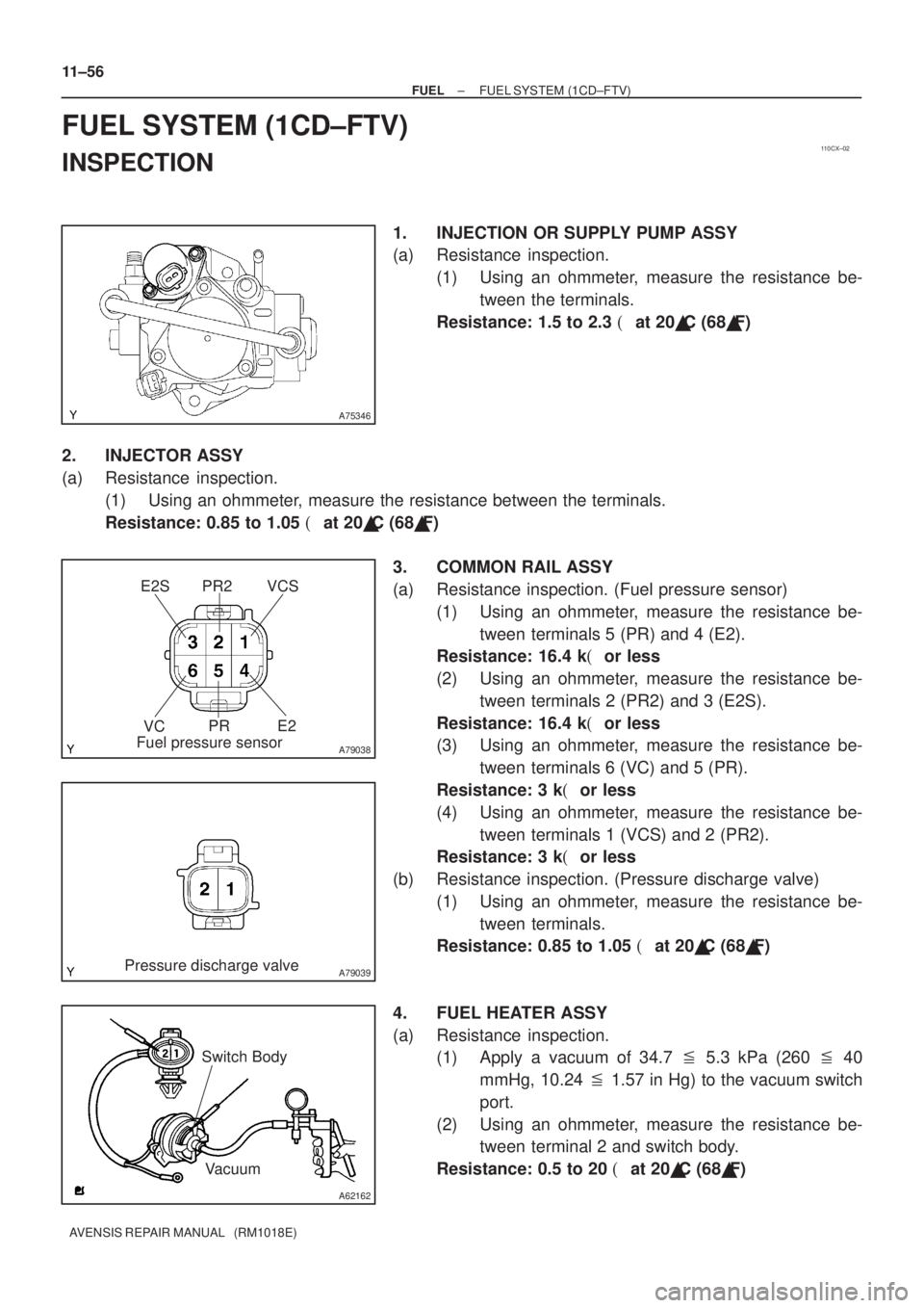 TOYOTA AVENSIS 2003 Service Repair Manual 110CX±02
A75346
A79038
E2S PR2 VCSVC PR E2
Fuel pressure sensor
A79039Pressure discharge valve
A62162
Vacuum
Switch Body
11±56
±
FUEL FUEL SYSTEM (1CD±FTV)
AVENSIS REPAIR MANUAL (RM1018E)
FUEL S TOYOTA AVENSIS 2003 Service Repair Manual 110CX±02
A75346
A79038
E2S PR2 VCSVC PR E2
Fuel pressure sensor
A79039Pressure discharge valve
A62162
Vacuum
Switch Body
11±56
±
FUEL FUEL SYSTEM (1CD±FTV)
AVENSIS REPAIR MANUAL (RM1018E)
FUEL S