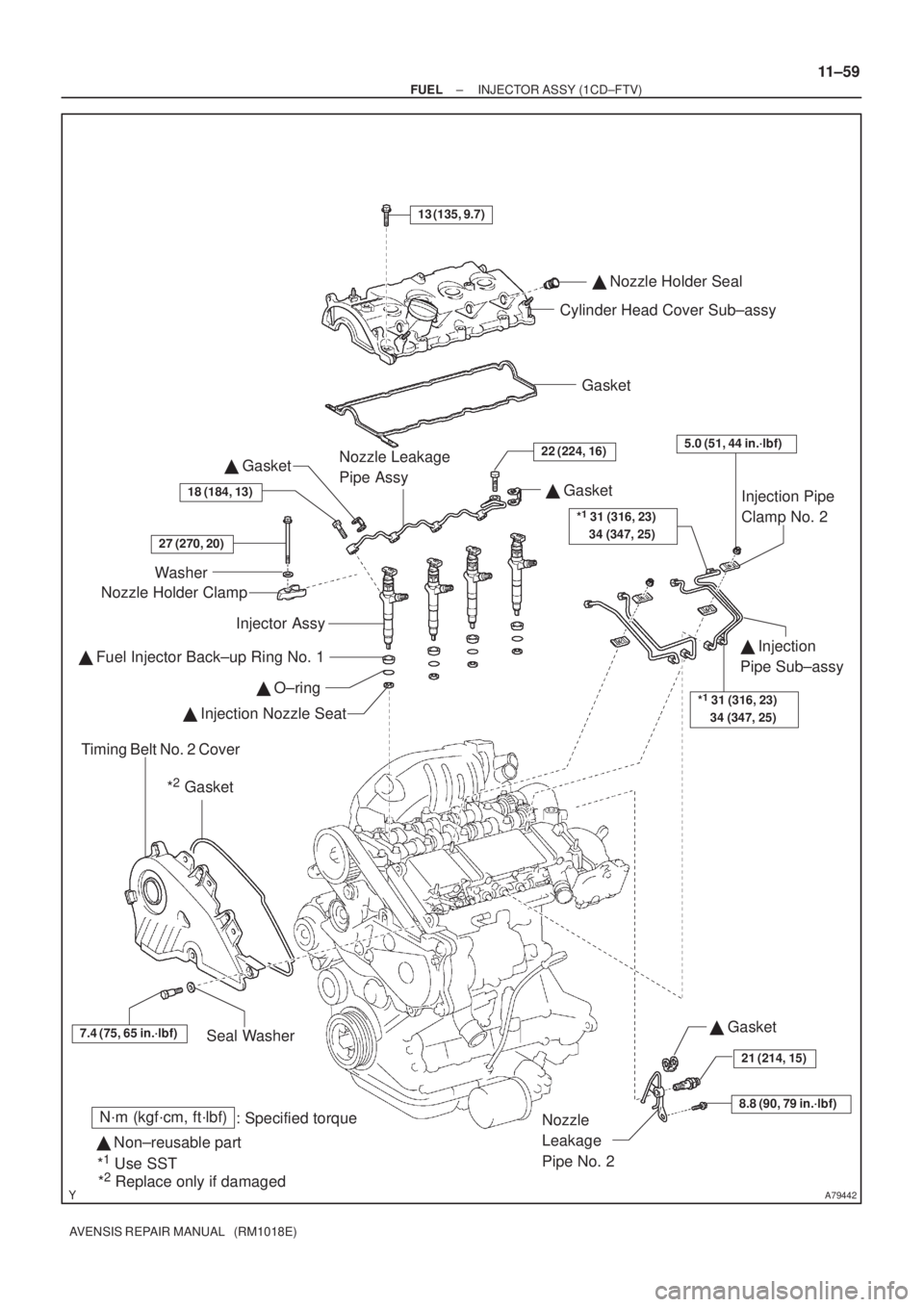 TOYOTA AVENSIS 2003  Service Repair Manual A79442
Timing Belt No. 2 CoverSeal Washer
*
2 Gasket
Injection Pipe 
Clamp No. 2
  Injection 
Pipe Sub±assy
13 (135, 9.7)
Cylinder Head Cover Sub±assy
Gasket
 Nozzle Holder Seal
  Gasket
 O±rin