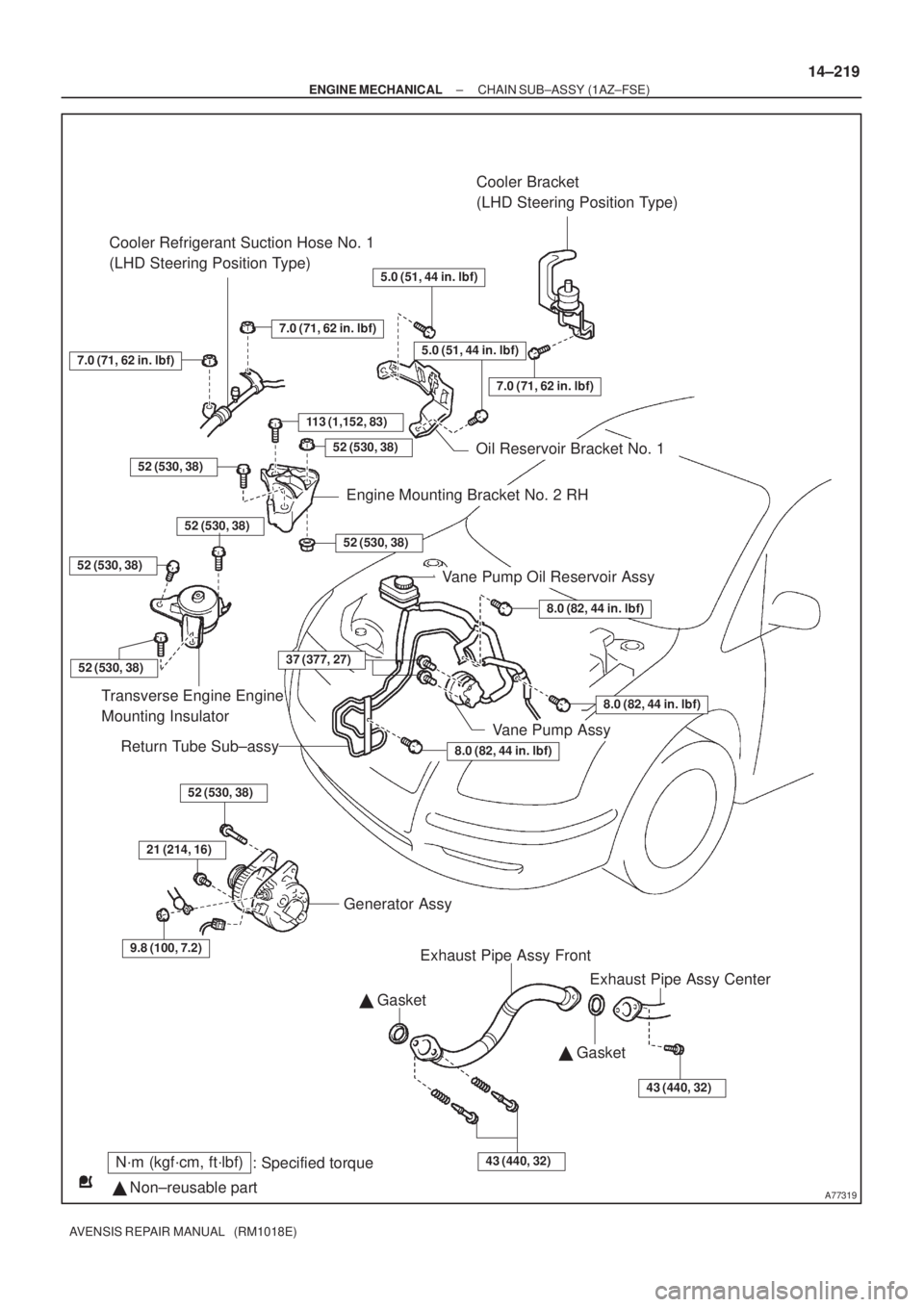TOYOTA AVENSIS 2003  Service Repair Manual A77319
N´m (kgf´cm, ft´lbf): Specified torque
  Non±reusable part 
 Gasket Cooler Bracket 
(LHD Steering Position Type)
113 (1,152, 83)
Cooler Refrigerant Suction Hose No. 1 
(LHD Steering Posit