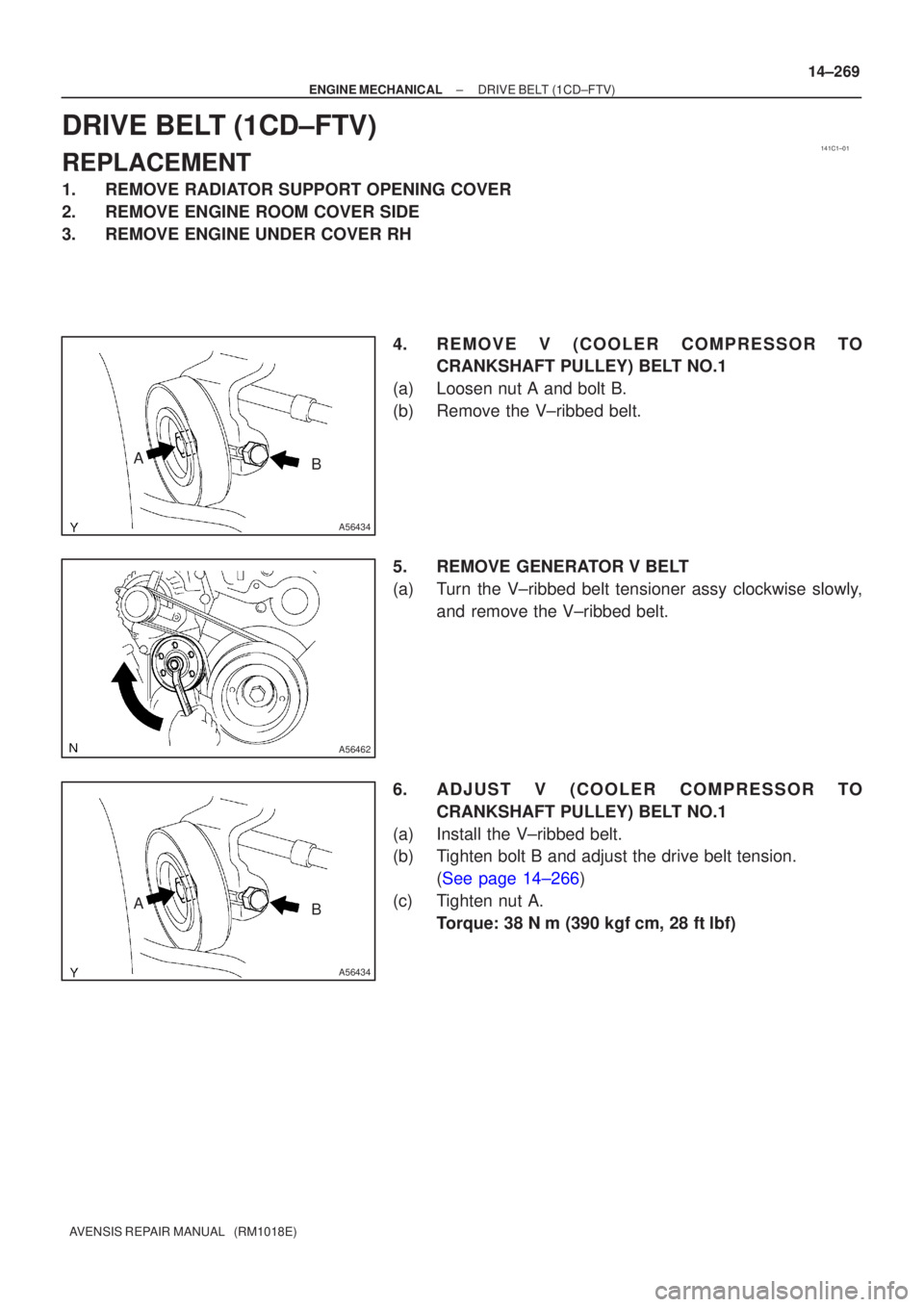 TOYOTA AVENSIS 2003  Service Repair Manual 141C1±01
A56434
AB
A56462
A56434
AB
±
ENGINE MECHANICALDRIVE BELT(1CD±FTV)
14±269
AVENSIS REPAIR MANUAL   (RM1018E)
DRIVE BELT(1CD±FTV)
REPLACEMENT
1.REMOVE RADIATOR SUPPORT OPENING COVER
2.REMOV