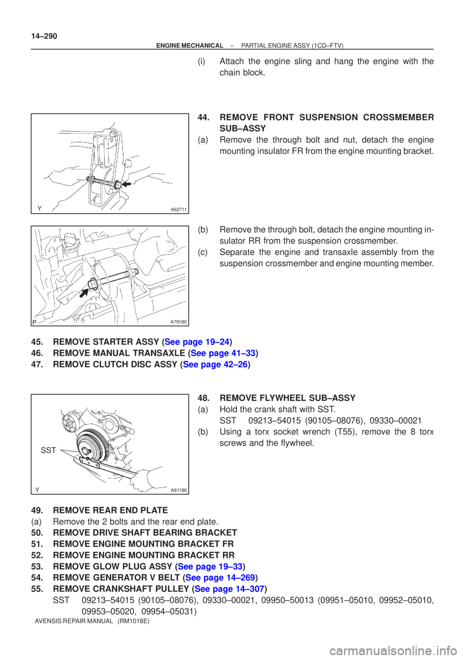 TOYOTA AVENSIS 2003  Service Repair Manual A62711
A79180
A61186
SST
14±290
±
ENGINE MECHANICALPARTIAL ENGINE ASSY(1CD±FTV)
AVENSIS REPAIR MANUAL   (RM1018E)
(i)Attach the engine sling and hang the engine with the chain block.
44.REMOVE FRON