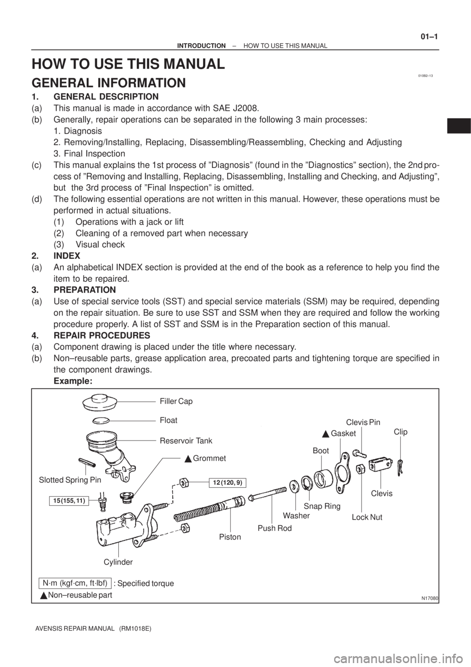 TOYOTA AVENSIS 2003  Service Manual PDF 010B2±13
N17080
Filler Cap
Float
Reservoir Tank Grommet
Clip
Slotted Spring Pin
: Specified torque
  Non±reusable part Cylinder
Piston
Push Rod
Washer
Snap Ring
Boot

 Gasket
Lock Nut
Clevis Pin

