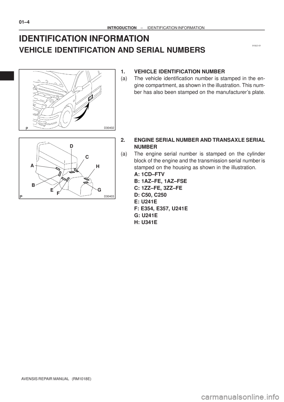 TOYOTA AVENSIS 2003  Service Repair Manual 010LE±01
D30402
D30403
AB C
D
E
FG
H
01±4
±
INTRODUCTION IDENTIFICATION INFORMATION
AVENSIS REPAIR MANUAL   (RM1018E)
IDENTIFICATION INFORMATION
VEHICLE IDENTIFICATION AND SERIAL NUMBERS
1. VEHICLE