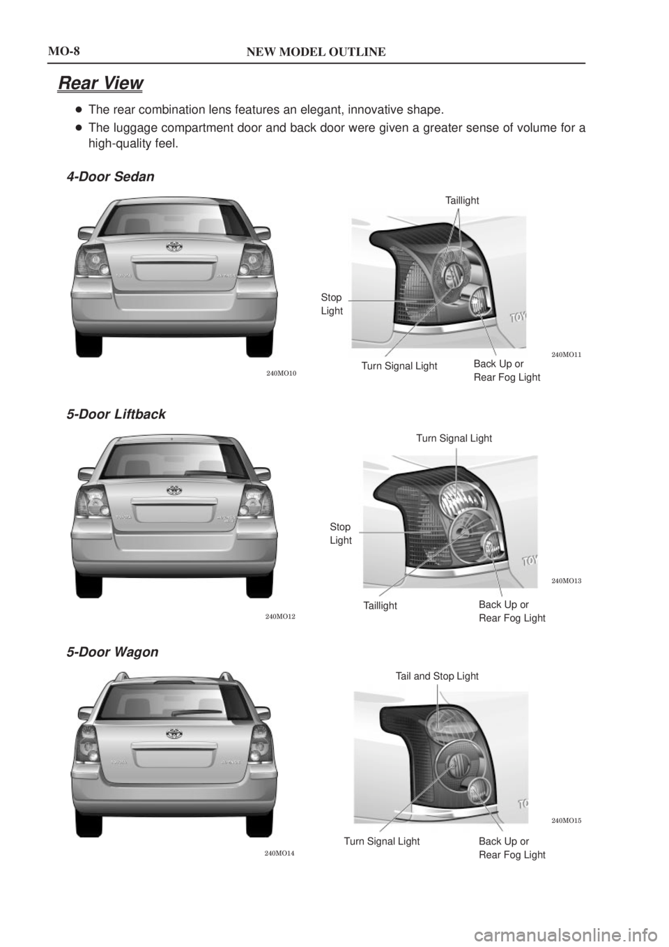 TOYOTA AVENSIS 2003  Service Repair Manual NEW MODEL OUTLINE
\b
\b
Taillight
Stop
Light Turn Signal Light Back Up or
Rear Fog Light
\b
\b
Turn Signal Light
Stop
Light Taillight Back Up or
Rear Fog Light
\b
\b