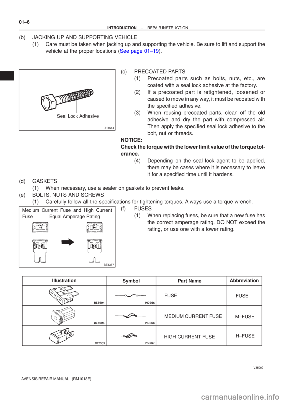 TOYOTA AVENSIS 2003  Service Repair Manual Z11554
Seal Lock Adhesive
BE1367
Medium Current Fuse and High Current
Fuse            Equal Amperage Rating

V35002
IllustrationSymbol Part Name Abbreviation
FUSE
MEDIUM CURRENT FUSE
HIGH CURREN