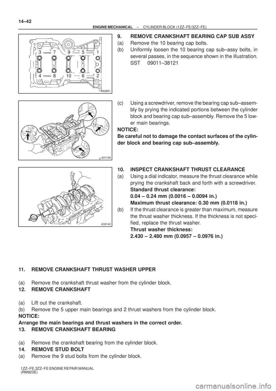TOYOTA AVENSIS 2003  Service Repair Manual A62801
793
481062
15
A01195
A32142
14±42
±
ENGINE MECHANICAL CYLINDER BLOCK (1ZZ±FE/3ZZ±FE)
1ZZ±FE,3ZZ±FE ENGINE REPAIR MANUAL
(RM923E)
9. REMOVE CRANKSHAFT BEARING CAP SUB ASSY
(a) Remove the 1