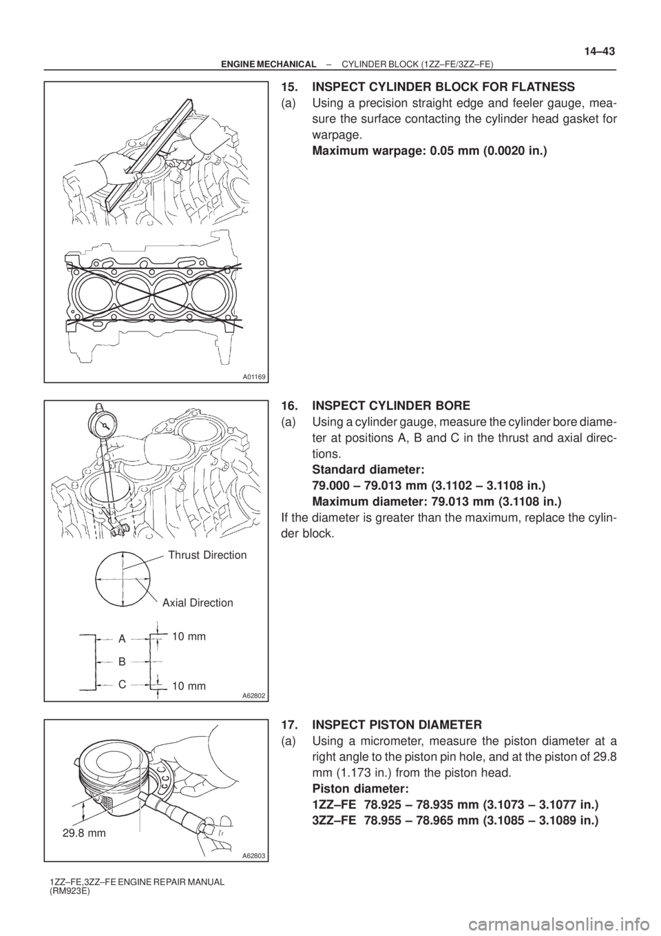 TOYOTA AVENSIS 2003  Service Repair Manual A01169
A62802
Thrust Direction
Axial Direction
A
B 10 mm 10 mm
C
A62803
29.8 mm
±
ENGINE MECHANICAL CYLINDER BLOCK (1ZZ±FE/3ZZ±FE)
14±43
1ZZ±FE,3ZZ±FE ENGINE REPAIR MANUAL
(RM923E)
15. INSPECT C
