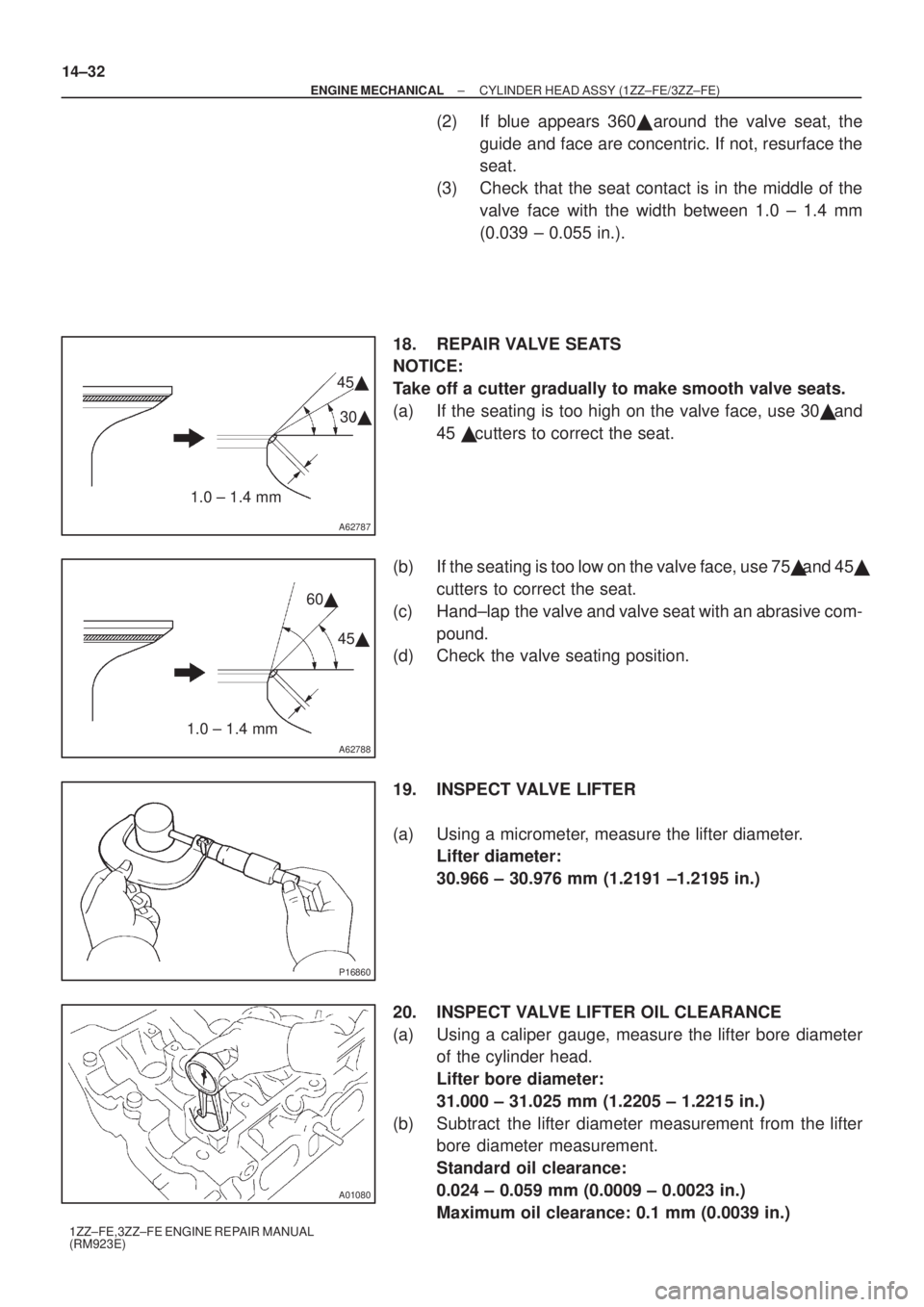 TOYOTA AVENSIS 2003  Service Repair Manual A62787
1.0 ± 1.4 mm30

45

A62788
1.0 ± 1.4 mm 60

45 
P16860
A01080
14±32
±
ENGINE MECHANICAL CYLINDER HEAD ASSY (1ZZ±FE/3ZZ±FE)
1ZZ±FE,3ZZ±FE ENGINE REPAIR MANUAL
(RM923E)
(2) If blue ap