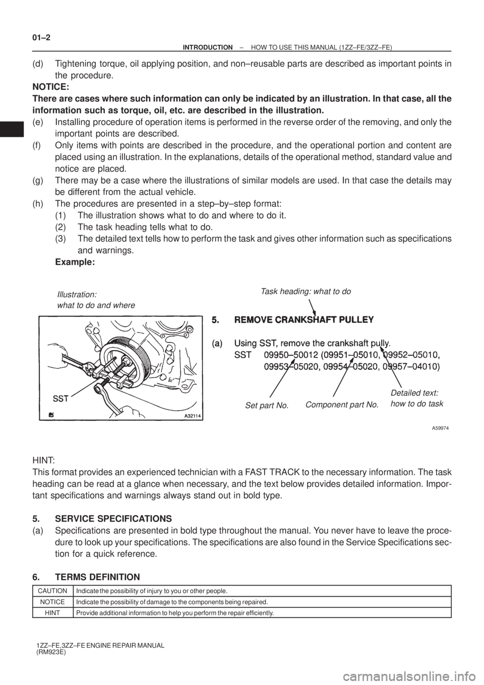 TOYOTA AVENSIS 2003  Service Repair Manual Illustration:what to do and where Task heading: what to do
Detailed text:how to do task
Set part No. Component part No.
A59974
01±2
±
INTRODUCTION HOW TO USE THIS MANUAL (1ZZ±FE/3ZZ±FE)
1ZZ±FE,3Z