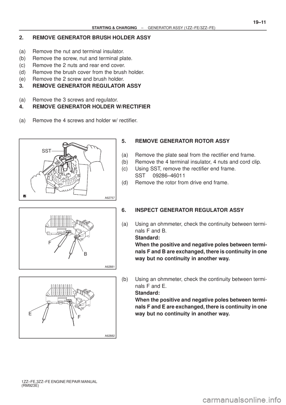 TOYOTA AVENSIS 2003  Service Repair Manual A62757
SST
A62881
FB
A62882
E F
±
STARTING & CHARGING GENERATOR ASSY (1ZZ±FE/3ZZ±FE)
19±11
1ZZ±FE,3ZZ±FE ENGINE REPAIR MANUAL
(RM923E)
2. REMOVE GENERATOR BRUSH HOLDER ASSY
(a) Remove the nut an