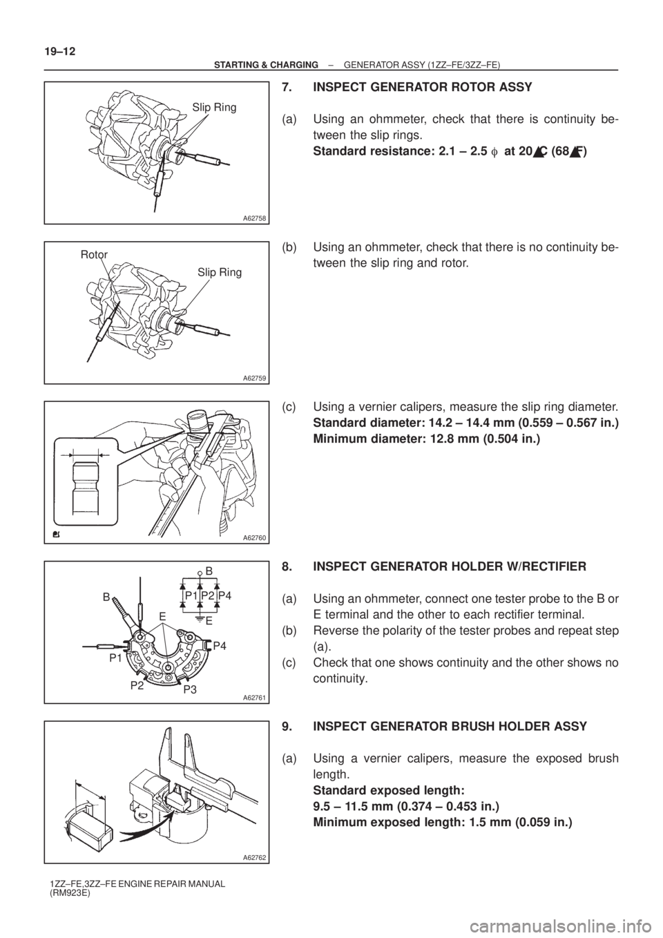 TOYOTA AVENSIS 2003  Service Repair Manual A62758
Slip Ring
A62759
Slip Ring
Rotor
A62760
A62761
B
P4
E
P2P1
B
P1 P2 P3P4
E
A62762
19±12
±
STARTING & CHARGING GENERATOR ASSY (1ZZ±FE/3ZZ±FE)
1ZZ±FE,3ZZ±FE ENGINE REPAIR MANUAL
(RM923E)
7. 