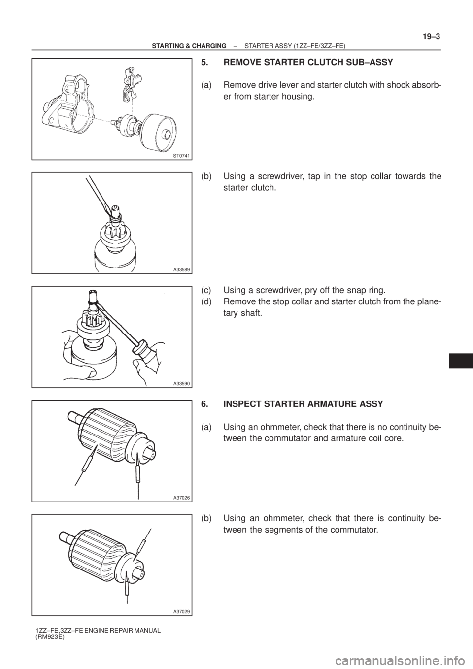TOYOTA AVENSIS 2003  Service Repair Manual ST0741
A33589
A33590
A37026
A37029
±
STARTING & CHARGING STARTER ASSY (1ZZ±FE/3ZZ±FE)
19±3
1ZZ±FE,3ZZ±FE ENGINE REPAIR MANUAL
(RM923E)
5. REMOVE STARTER CLUTCH SUB±ASSY
(a) Remove drive lever a