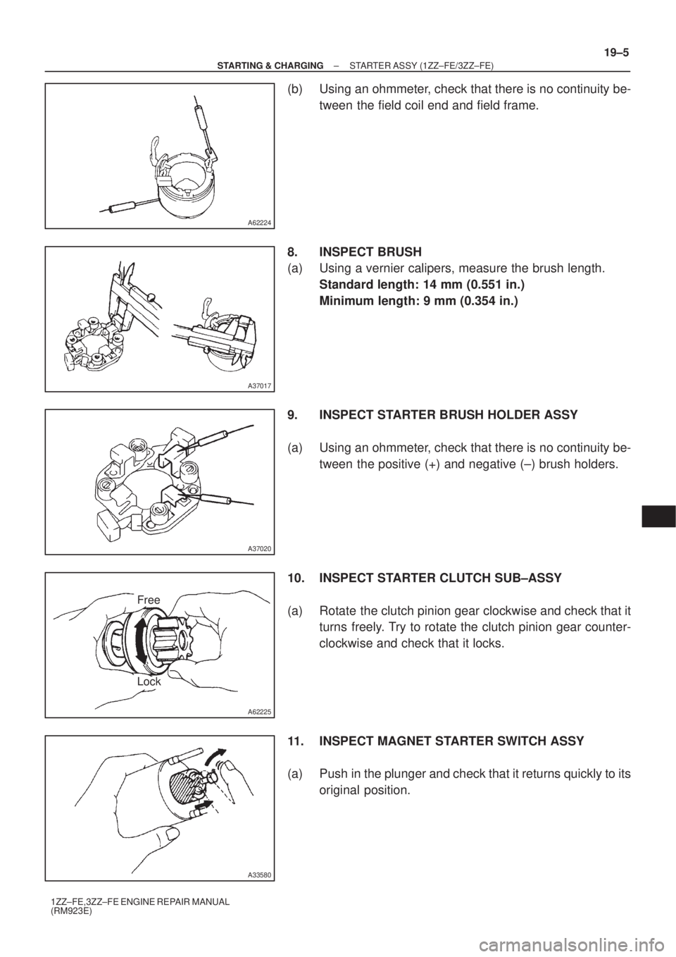TOYOTA AVENSIS 2003  Service Repair Manual A62224
A37017
A37020
A62225
Free
Lock
A33580
±
STARTING & CHARGING STARTER ASSY (1ZZ±FE/3ZZ±FE)
19±5
1ZZ±FE,3ZZ±FE ENGINE REPAIR MANUAL
(RM923E)
(b) Using an ohmmeter, check that there is no con