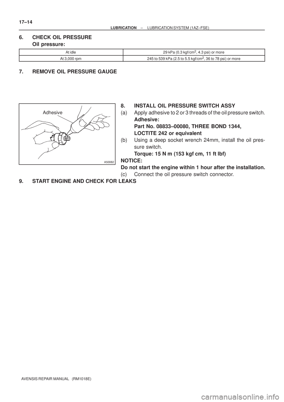 TOYOTA AVENSIS 2003  Service Repair Manual Adhesive
A50082
17±14
±
LUBRICATION LUBRICATION SYSTEM (1AZ±FSE)
AVENSIS REPAIR MANUAL   (RM1018E)
6. CHECK OIL PRESSURE Oil pressure:
At idle29 kPa (0.3 kgf/cm2, 4.3 psi) or more
At 3,000 rpm245 t