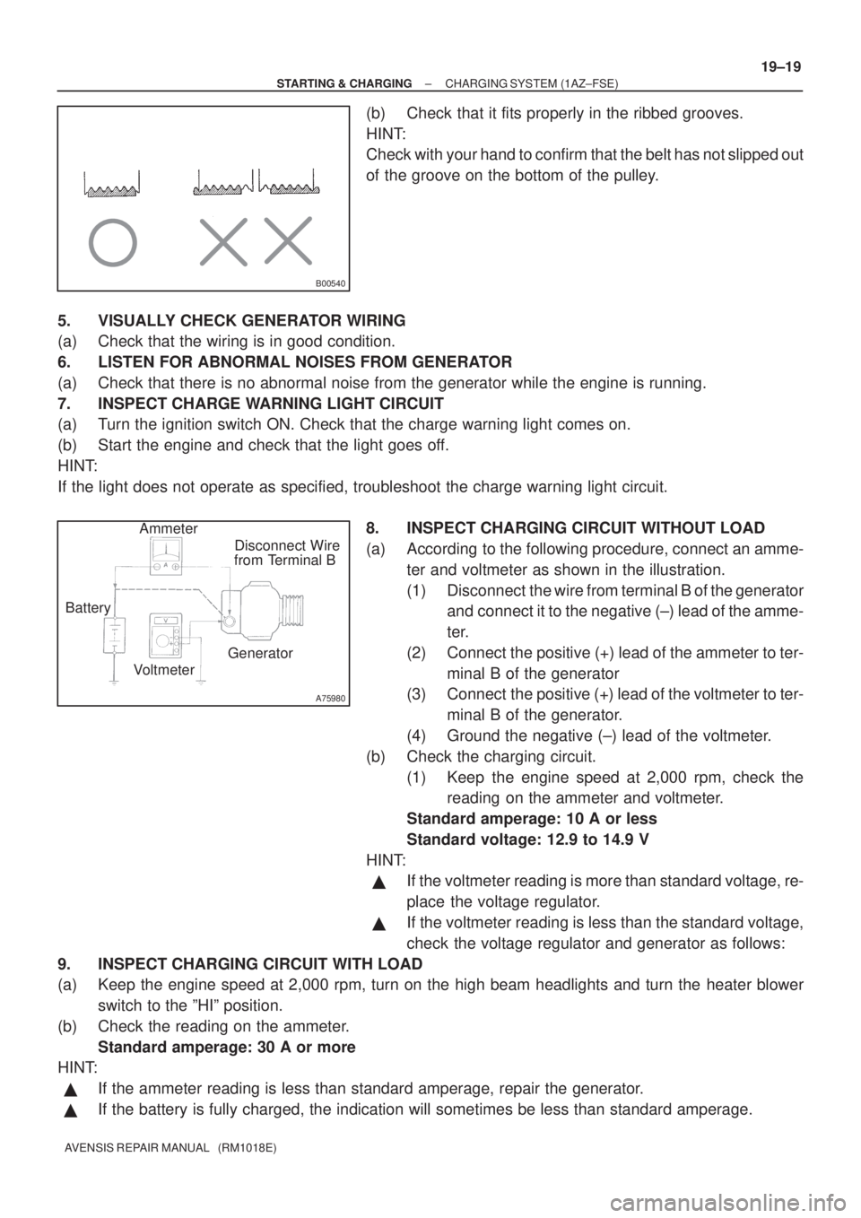 TOYOTA AVENSIS 2003  Service Repair Manual B00540
A75980
Disconnect Wire
from Terminal B
Generator
Voltmeter
Battery Ammeter
±
STARTING & CHARGING CHARGING SYSTEM (1AZ±FSE)
19±19
AVENSIS REPAIR MANUAL   (RM1018E)
(b) Check that it fits prop