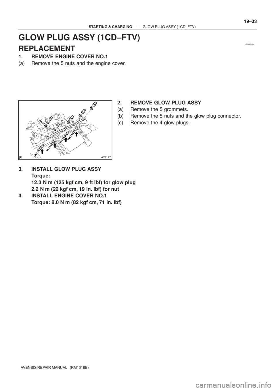 TOYOTA AVENSIS 2003  Service Repair Manual 190O2±01
A79177
±
STARTING & CHARGING GLOW PLUG ASSY (1CD±FTV)
19±33
AVENSIS REPAIR MANUAL   (RM1018E)
GLOW PLUG ASSY (1CD±FTV)
REPLACEMENT
1. REMOVE ENGINE COVER NO.1
(a) Remove the 5 nuts and t