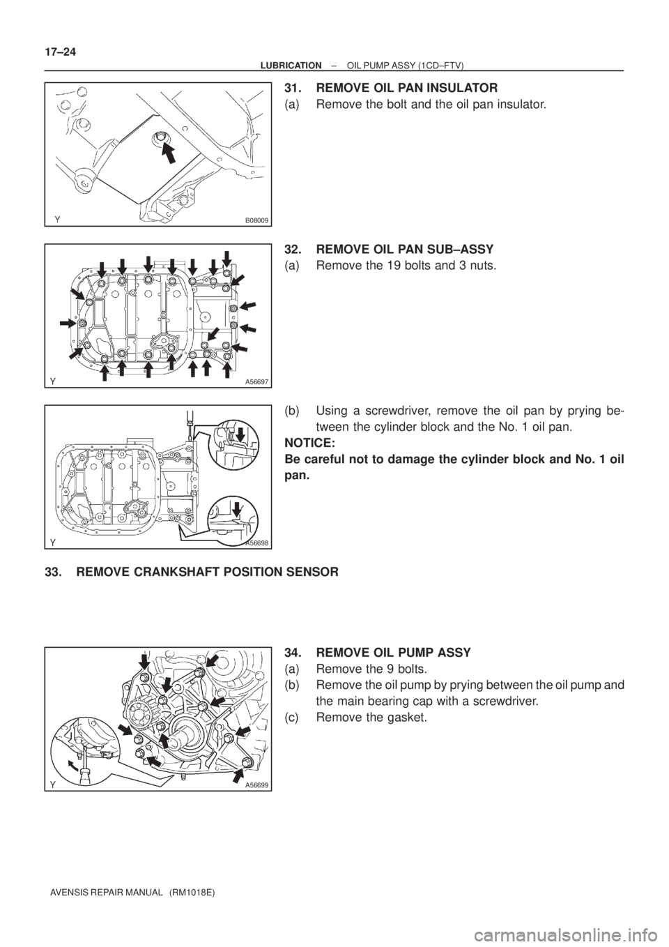 TOYOTA AVENSIS 2002  Repair Manual B08009
A56697
A56698
A56699
17±24
± LUBRICATIONOIL PUMP ASSY (1CD±FTV)
AVENSIS REPAIR MANUAL   (RM1018E)
31. REMOVE OIL PAN INSULATOR
(a) Remove the bolt and the oil pan insulator.
32. REMOVE OIL P