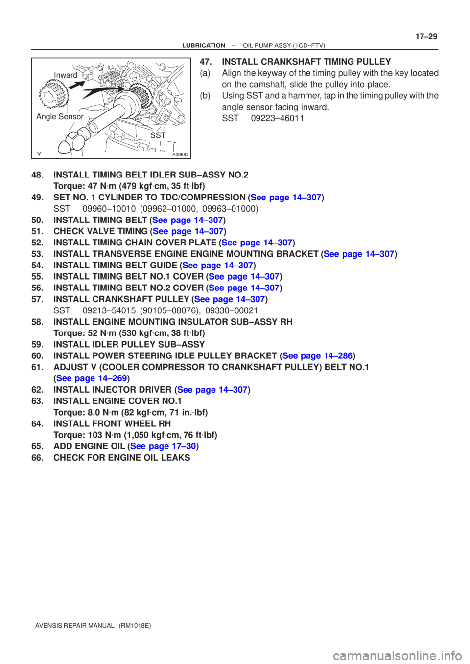 TOYOTA AVENSIS 2002  Repair Manual SST
A09583
Inward
Angle Sensor
±
LUBRICATION OIL PUMP ASSY(1CD±FTV)
17±29
AVENSIS REPAIR MANUAL   (RM1018E)
47.INSTALL CRANKSHAFT TIMING PULLEY
(a)Align the keyway of the timing pulley with the key